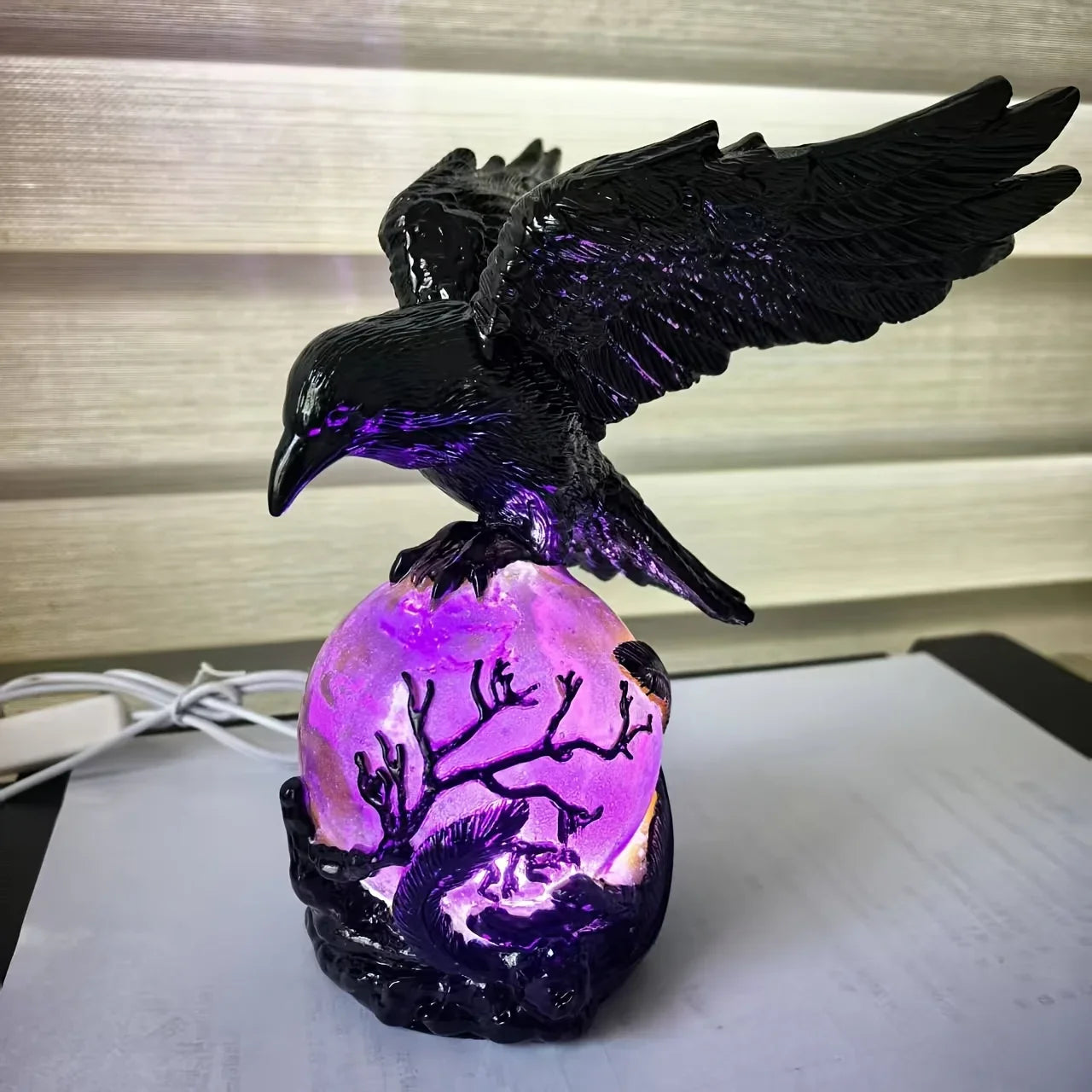 Illuminated Raven Sculpture - A Gothic Light, Showcasing A Raven Perched on A Bright Sphere. an Ideal Outdoor Lamp for Moonlit