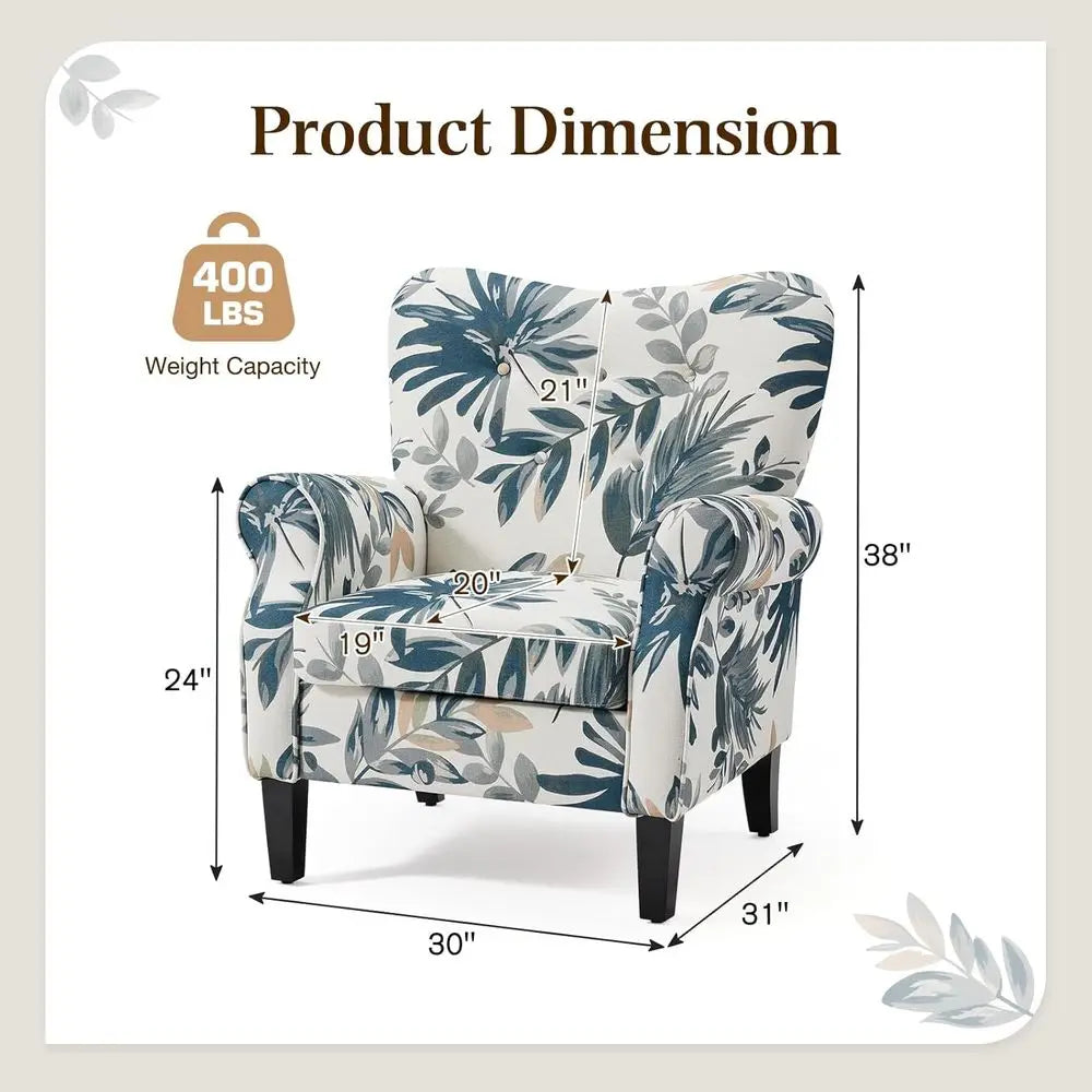 ern Accent Chair,High Back Armchair,Upholstered abric Button Single Soa with Wooden Legs or Living Room,Bedroom,Blue Leaves
