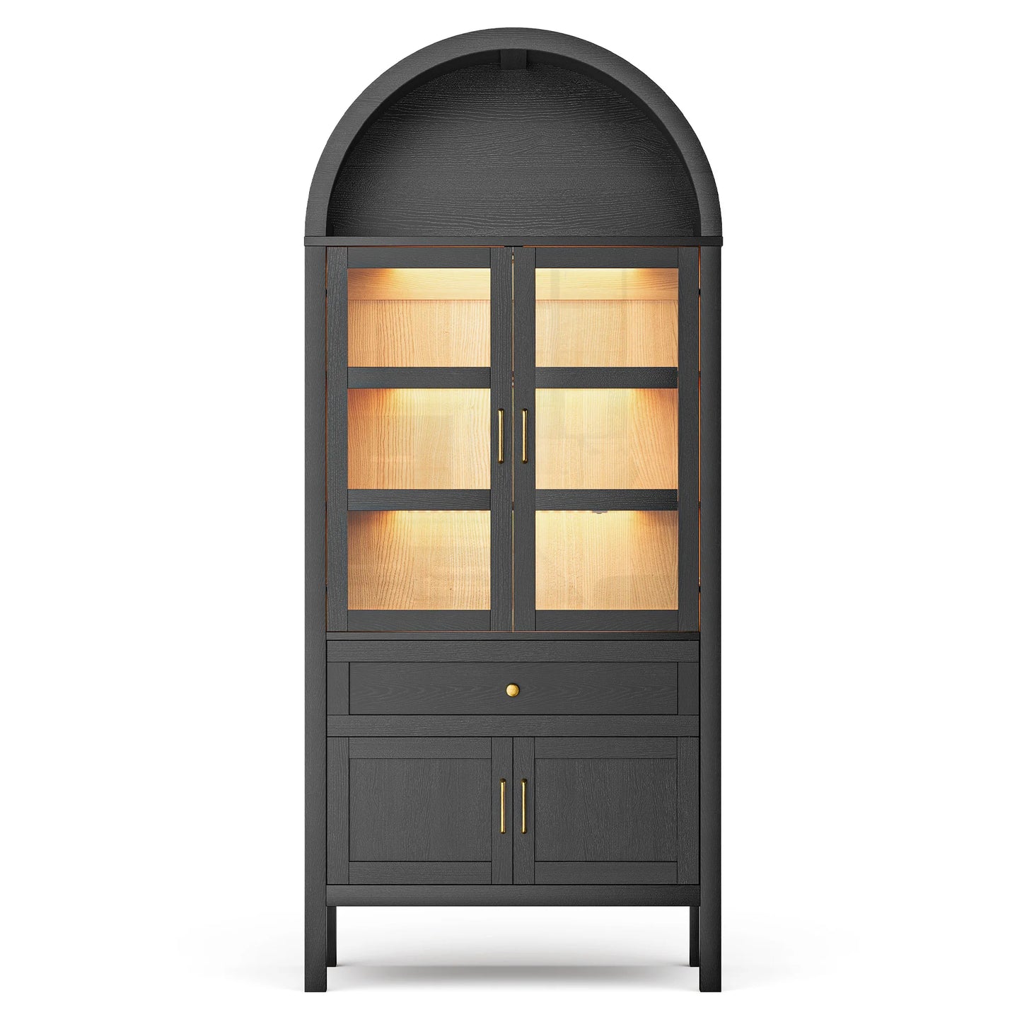 Cottinch Arched Wood Bookcase With Adjustable Shelves And Dimmable LED Lights