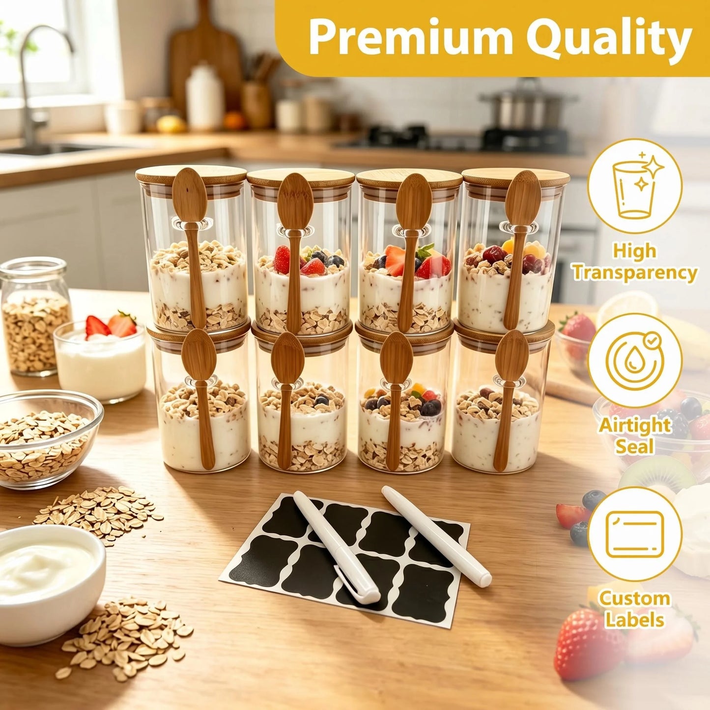 8 Pack Overnight Oats Glass Jars with Wooden Spoon, Airtight Glass Food Storage Containers, Reusable Yogurt Parfait Cups for Meal Prep, Cereal, Chia Pudding, Snack & Kitchen Pantry