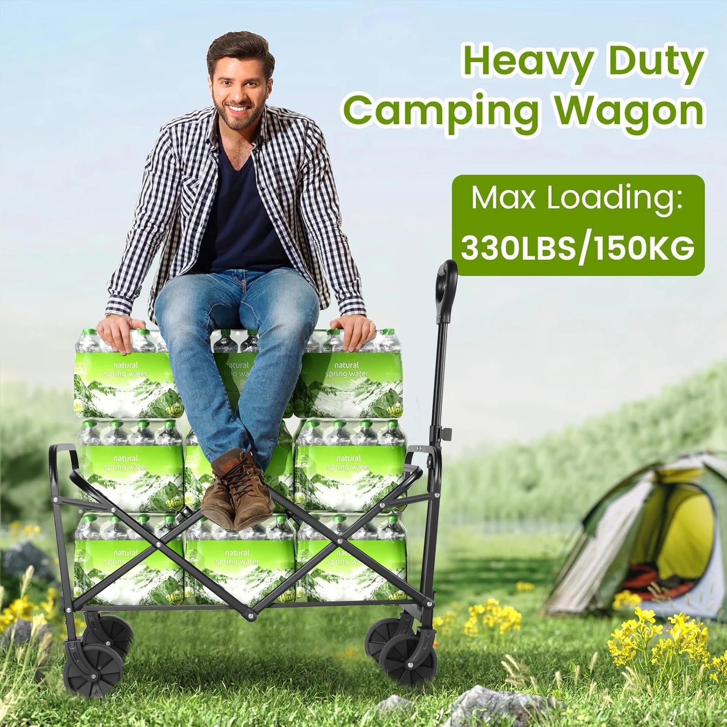 Heavy Duty Folding Wagon Cart With All Terrain Drink Holders