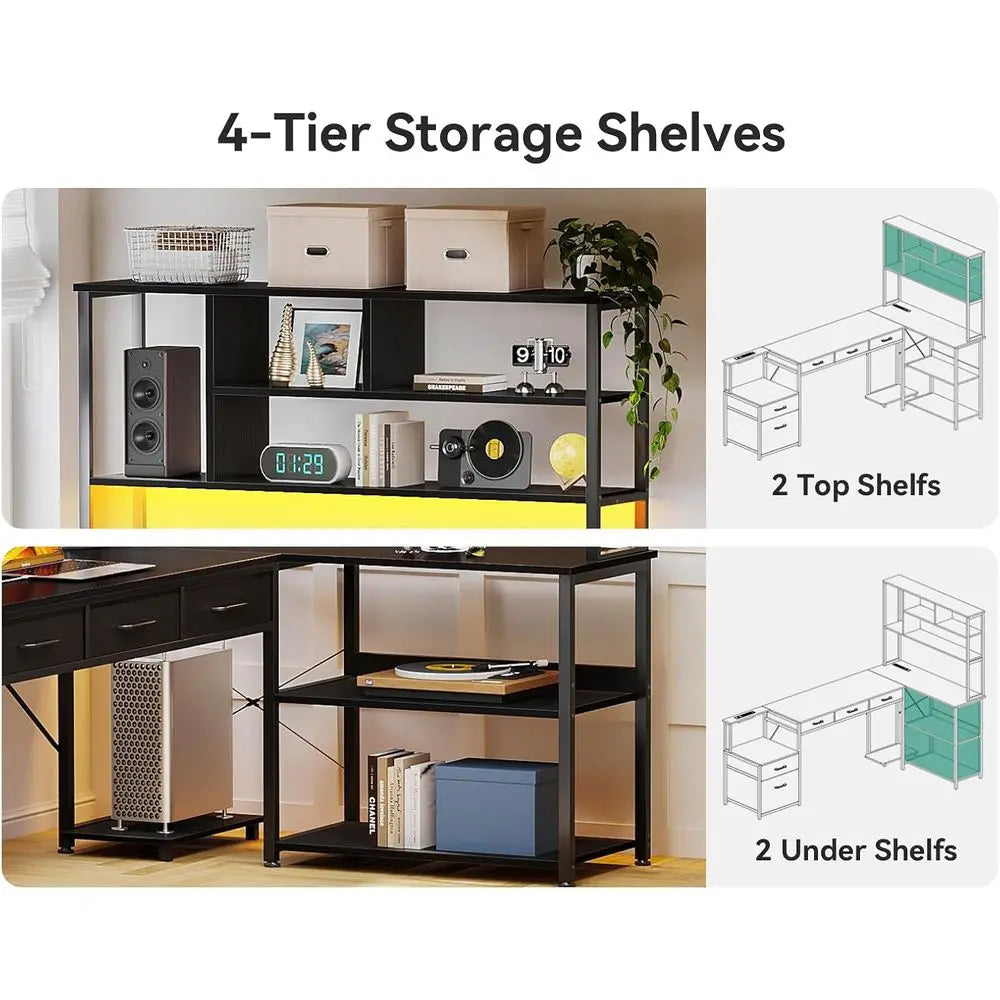 Reversible L Shaped Gaming Desk With LED Lights And Storage