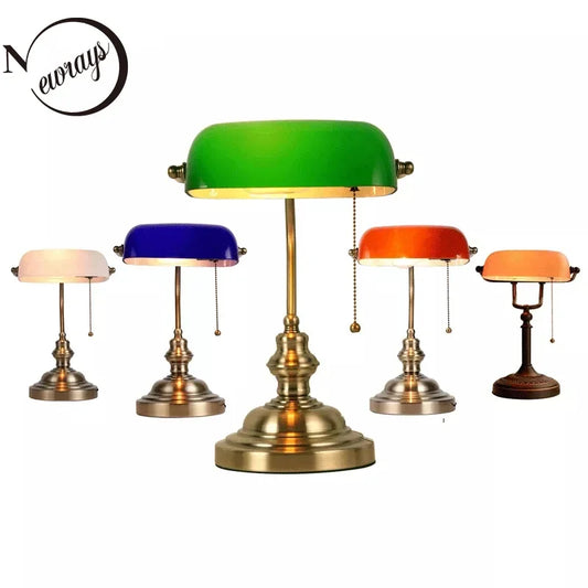 Newrays Glass Banker Desk Lamp With Zipper Switch Iron Base