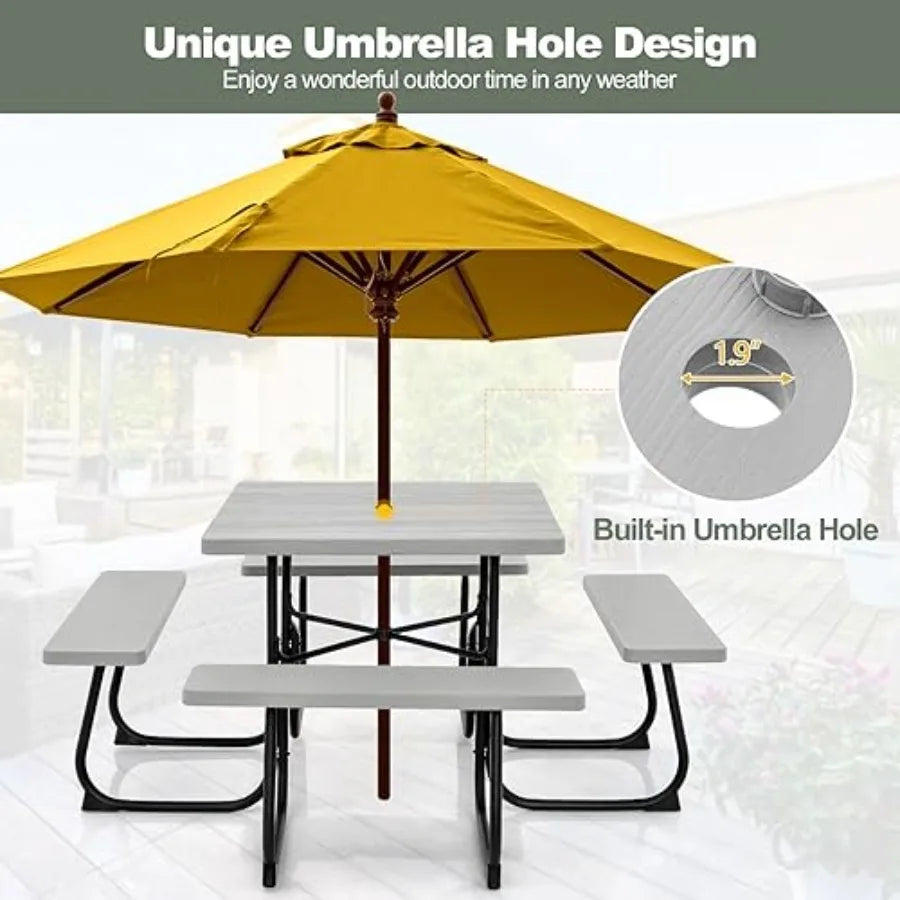 8 Person Picnic Table, Outdoor Picnic Table with 4 Built-in Benches, Umbrella Hole, Metal Frame and HDPE Tabletop, Outside Tabl