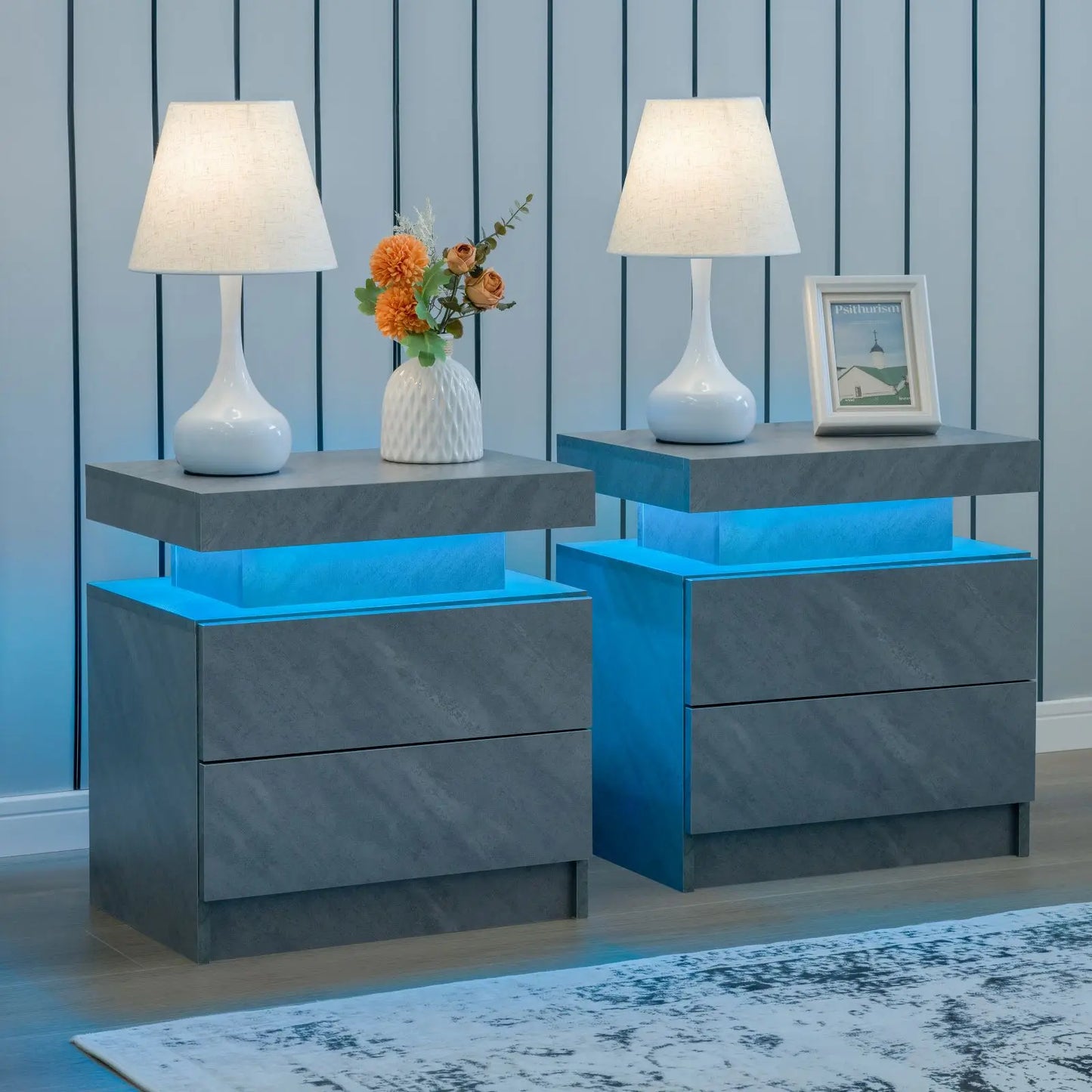 Cubehom Nightstand Set Of 2 With LED Light Two Drawers