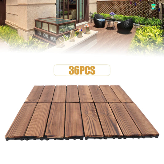 36 PCS 12"x12" Solid Wood Floor Tile Non-slip Waterproof Hardwood Interlocking Deck Tiles Garden Balcony Outdoor Flooring Decor