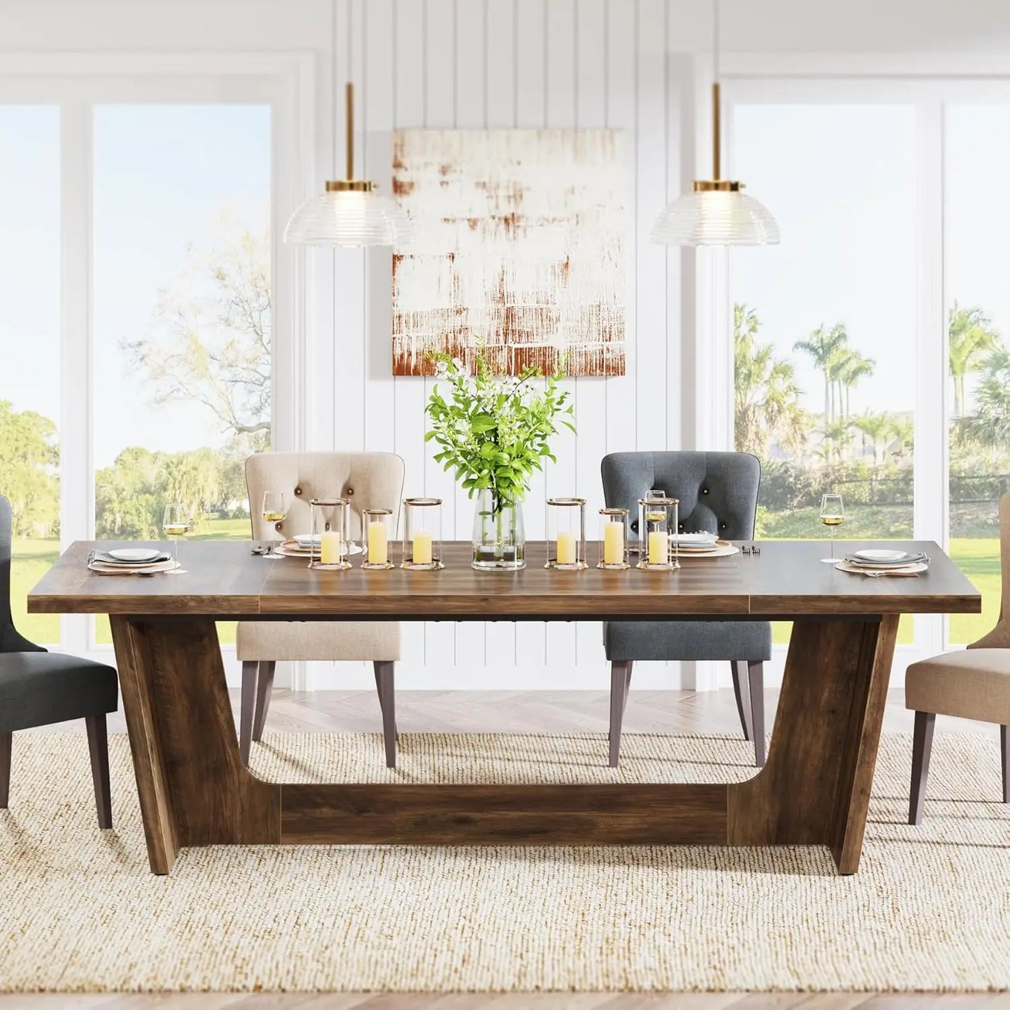 70.87 Inch Dining Table, Large Wooden Dining Table for 6-8 People, Rectangular Farmhouse Kitchen Dining Table with Sturdy Base