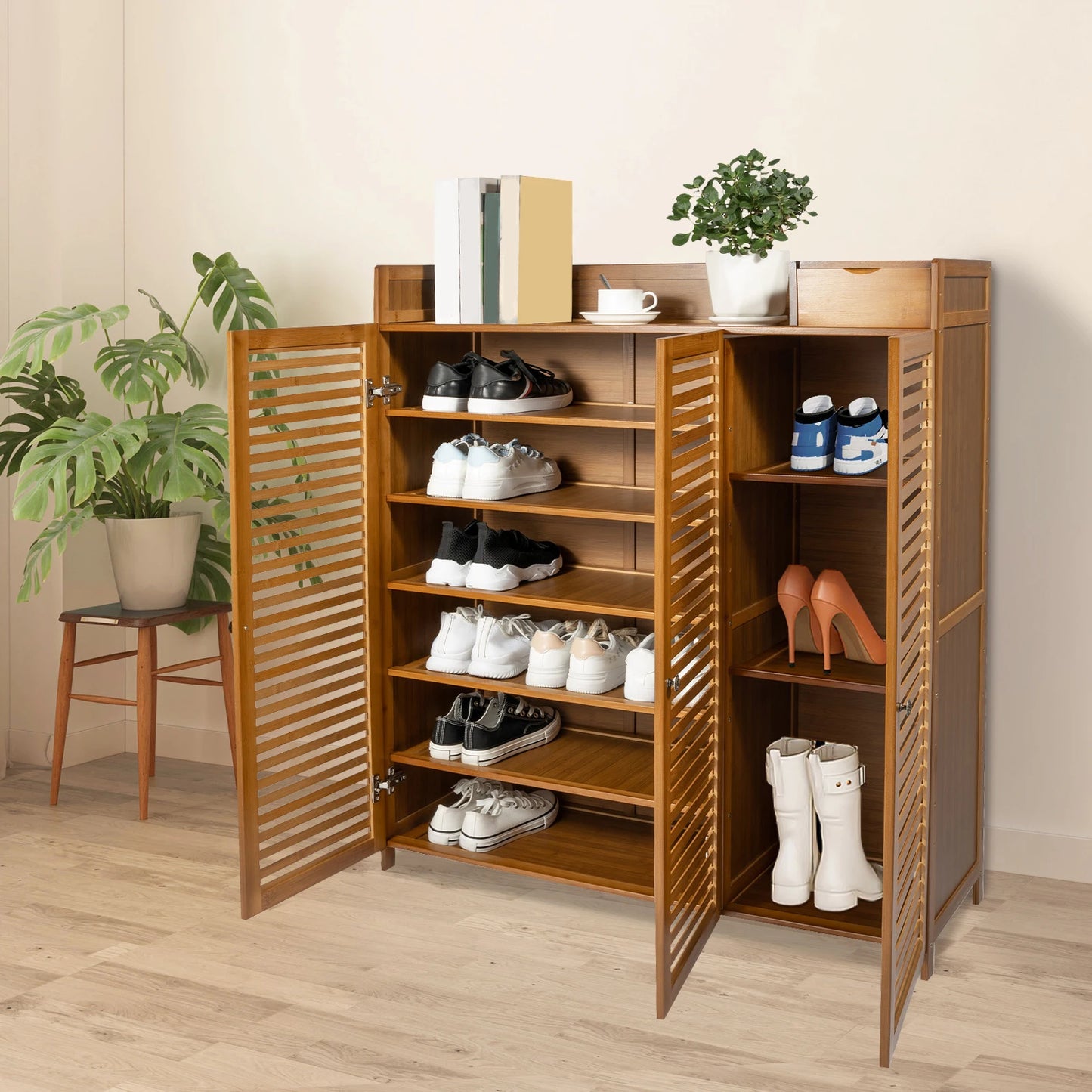 Shoe Storage Cabinet, Free Standing Shoe Racks, 7-Tier Bamboo Shoe Organizer, Large Capacity Rack with Doors, Multi-Purpose Storage Shelf, Waterproof Surface, Easy Assembly, Modern Entryway Organizer for Shoes, Bags, Clothes,