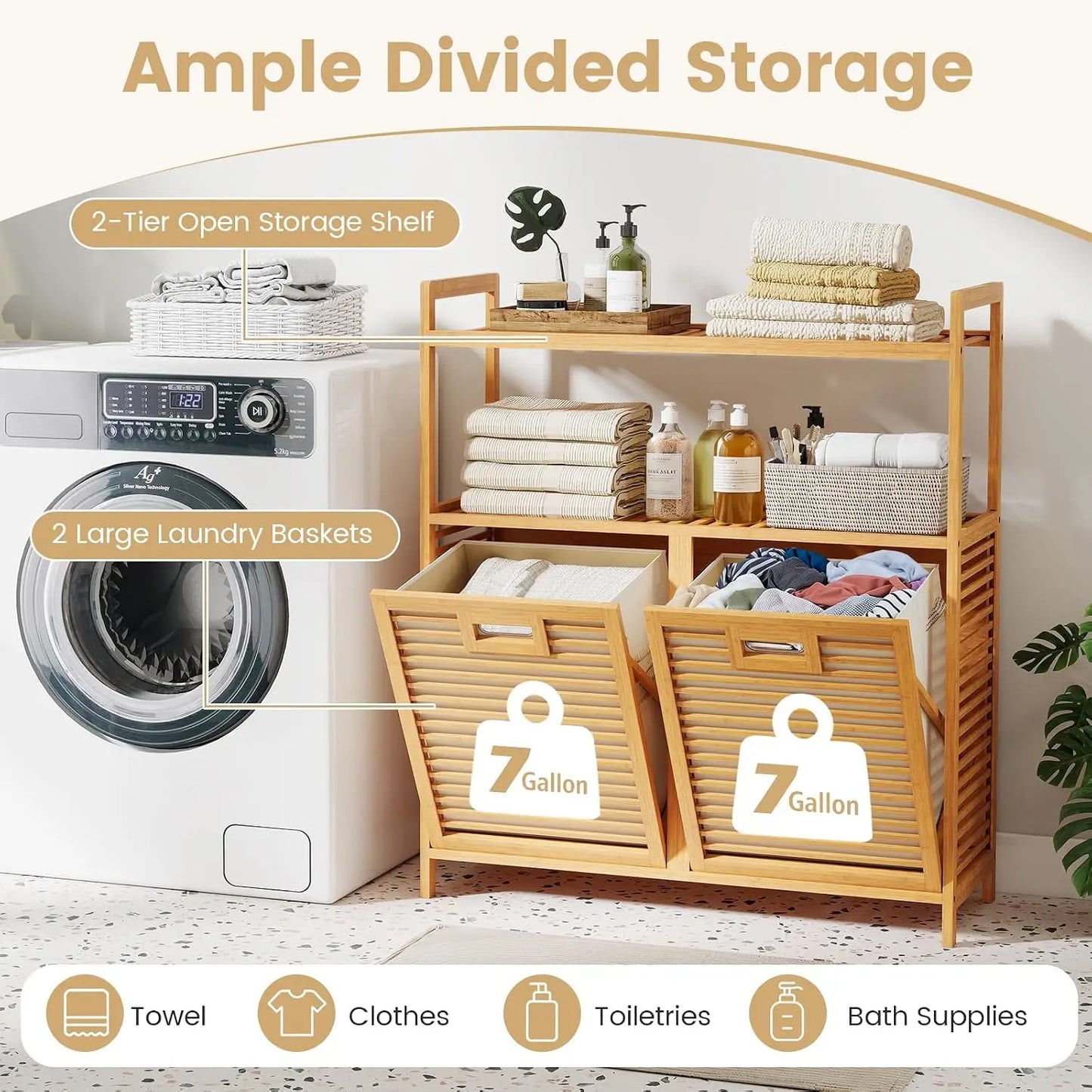 Double Tilt Out Laundry Hamper w/2-Tier Storage Shelf | 14 Gal Bamboo Laundry Storage Cabinet w/Removable Laundry Baskets, Laundry Sorter Organizer for Bathroom Living Room Bedroom
