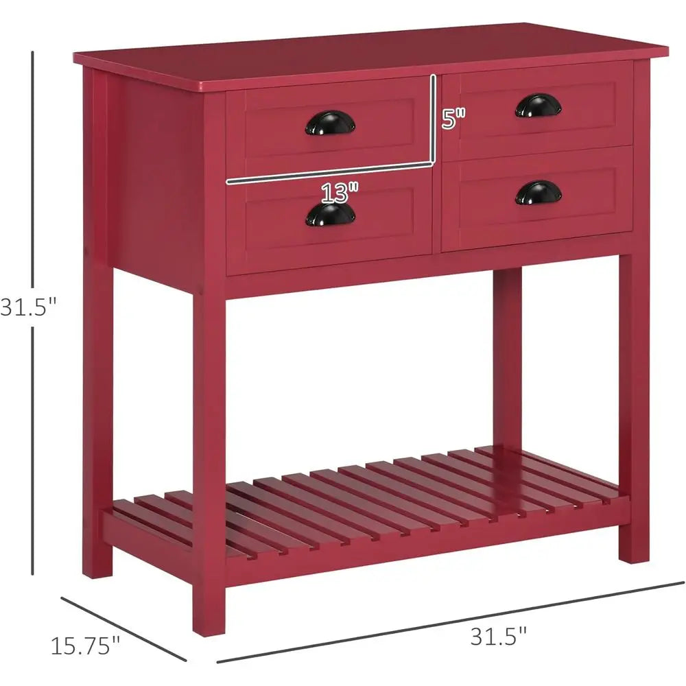 Red Wood Sideboard Bar Cabinet with 4 Doors And Shelves