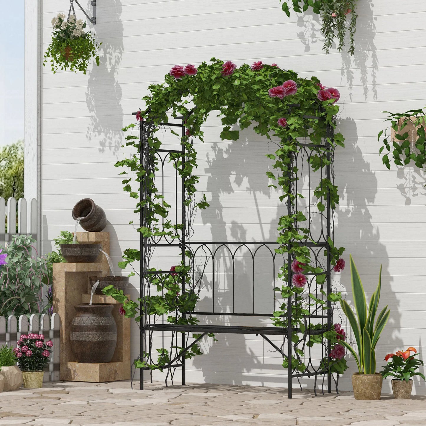 Outsunny Steel Outdoor Garden Arbor Archway With Bench Seating