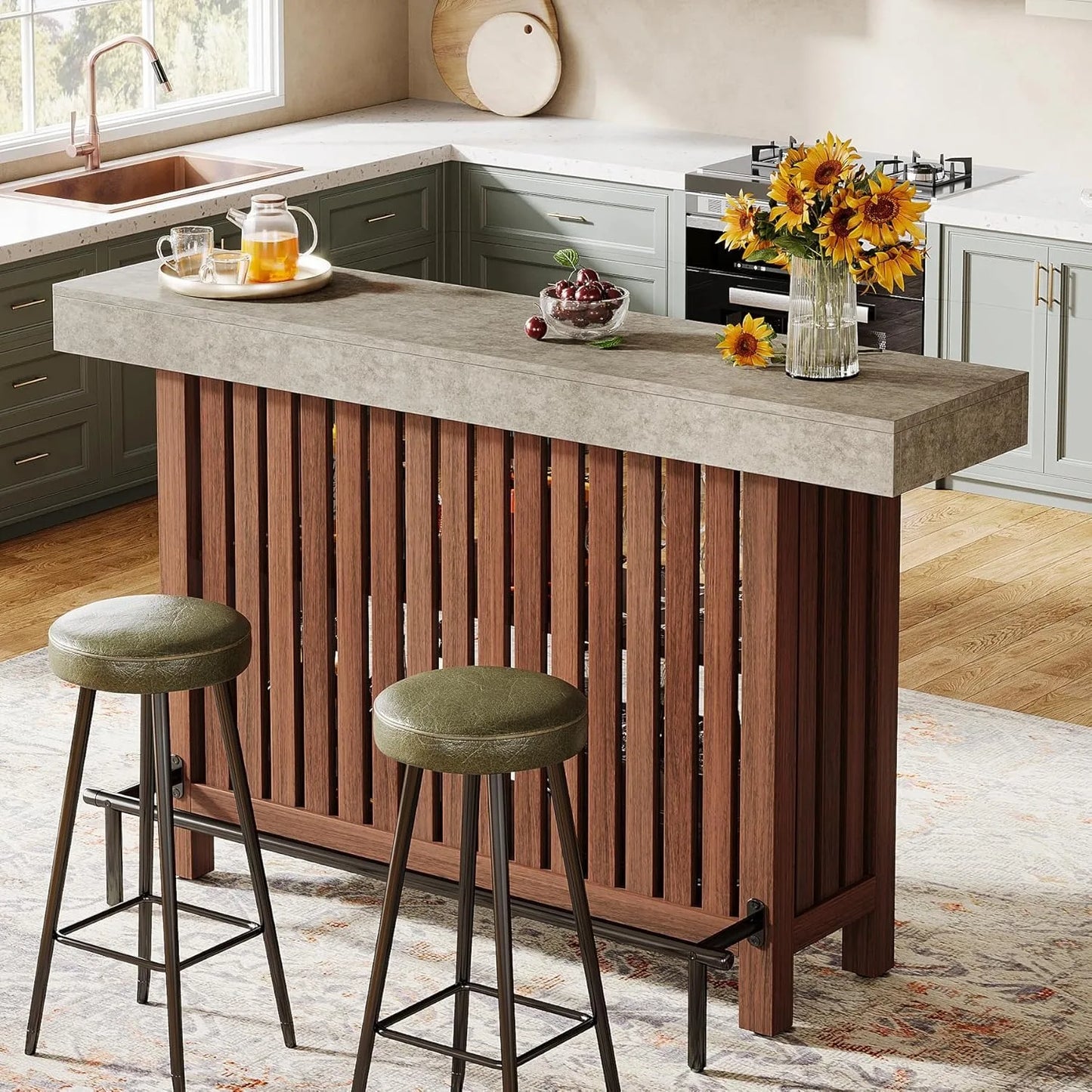 LITTLE TREE 63-Inch Large Home Bar Unit,2-Tier Kitchen Island Mini Bar Height Pub Table with Footrest, Modern Coffee Bar Cabinet