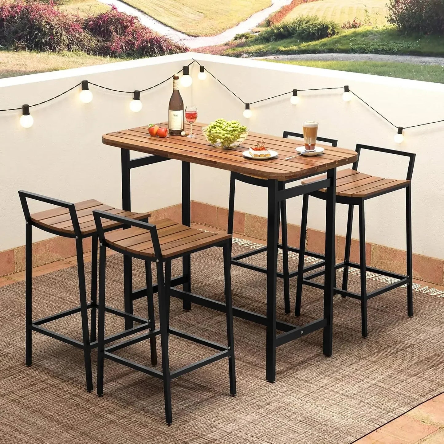 Outdoor Five Piece Acacia Bar Table Set Metal Frame Footrest