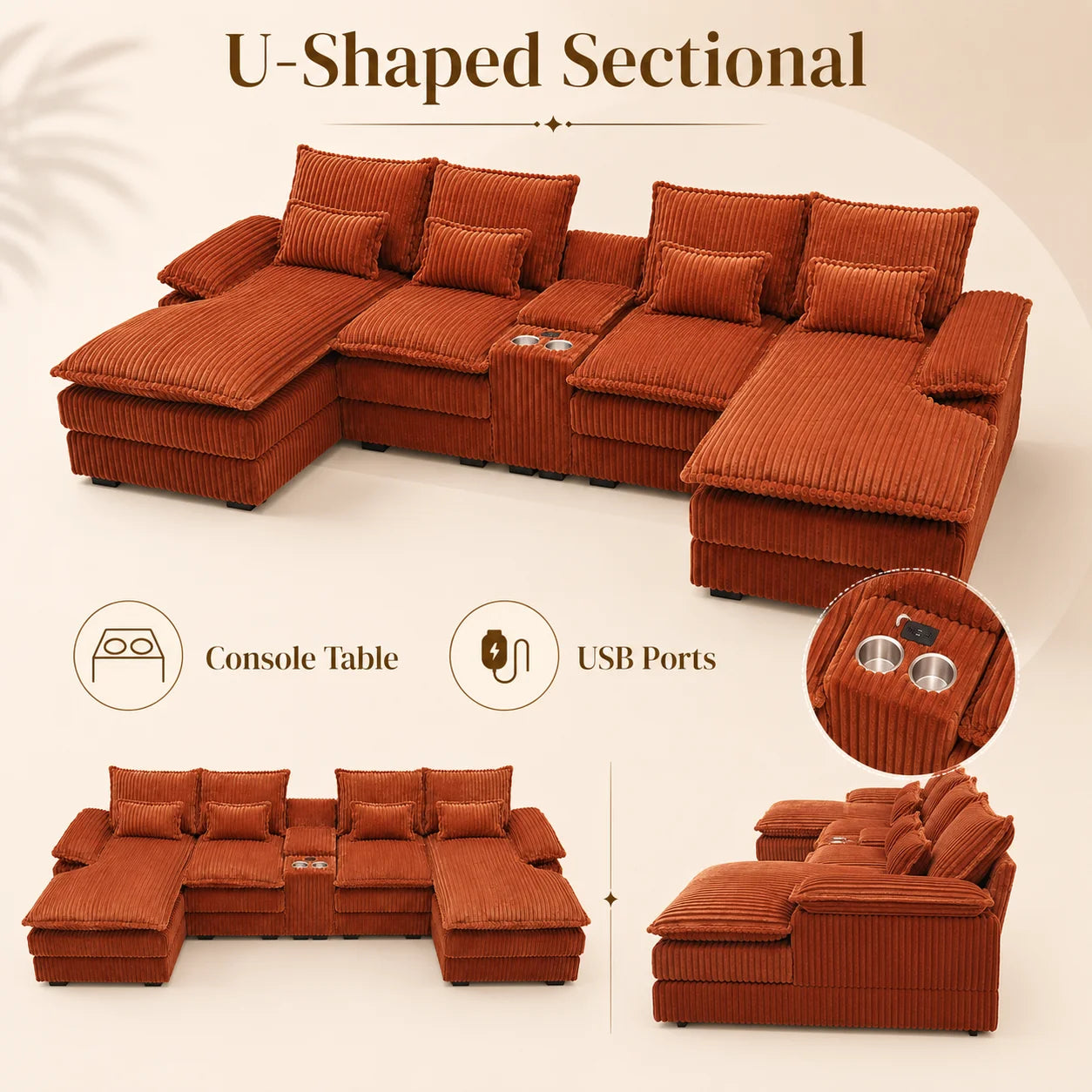 120" 5-Piece U-Shaped Sofa, Modular Sectional with Console & USB Ports, Cloud-Like Corduroy Couch for Living Room or Office