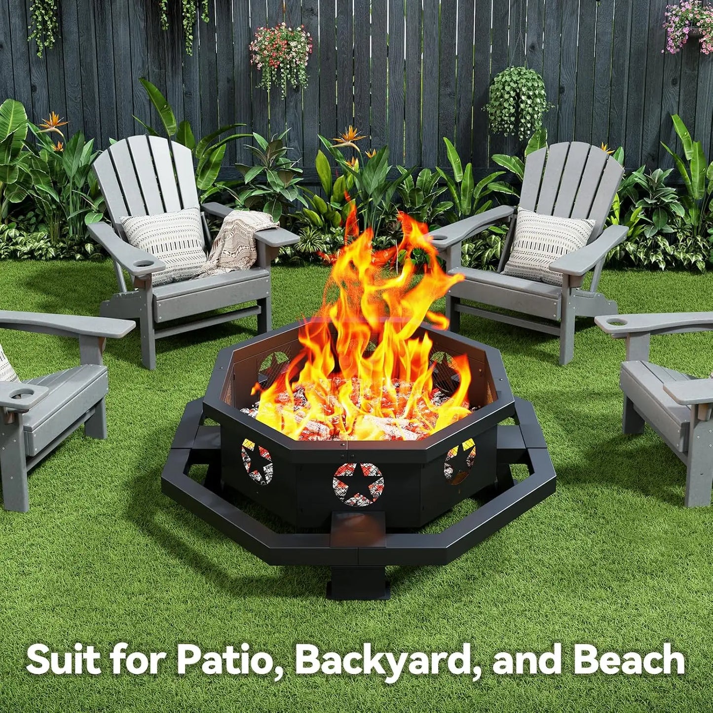 45 Inch Fire Pit for Outside Wood Burning, Outdoor Octagonal Fire Pit with Poker, Large Firepit for Camping, Backyard, Patio