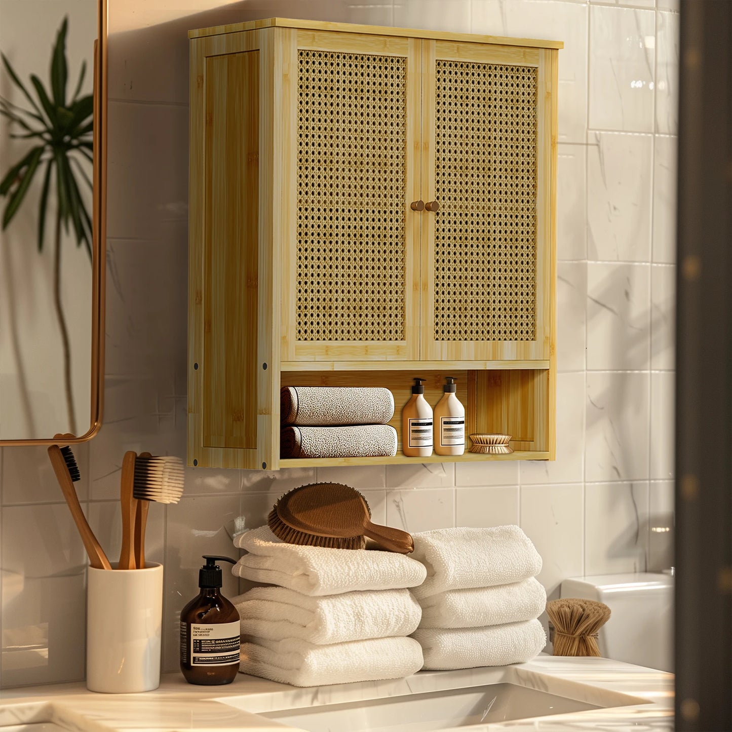 Wooden Storage Cupboard Wall Mounted Medicine Cabinet Unit Kitchen Shelf with Wooden Storage Cupboard with 2 Rattan Doors
