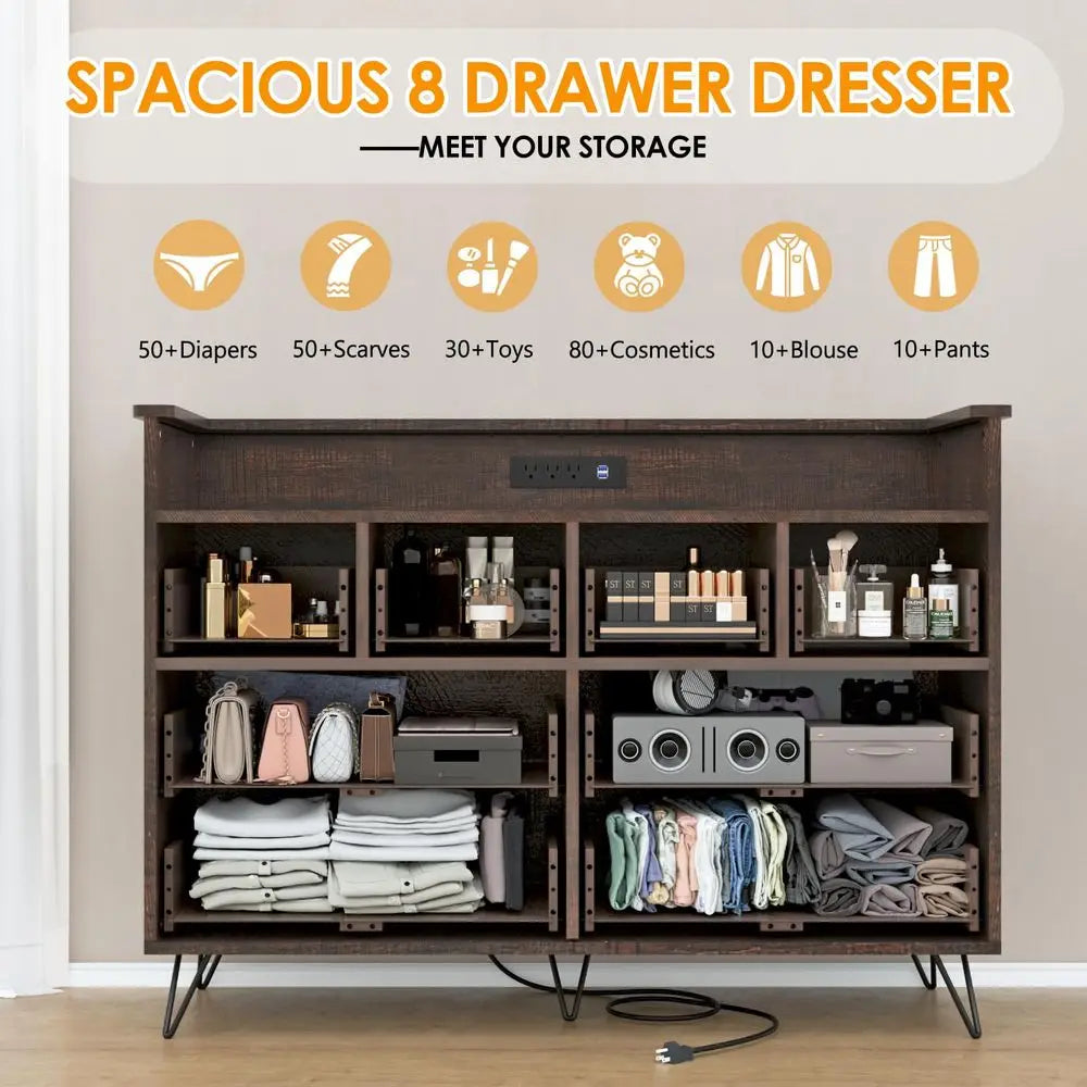 Dresser with Power Outlet and LED Lights, 8 Drawer Dresser for Bedroom, Modern Chest of Drawers with Gold Handles and Open Stor