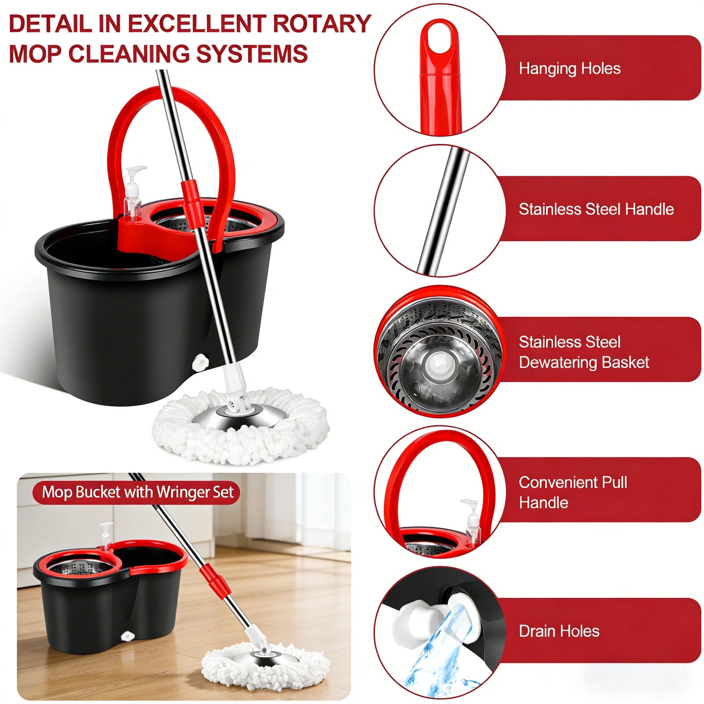 AEHOME 360 Spin Mop And Bucket Set SelfWringing Floor Cleaner