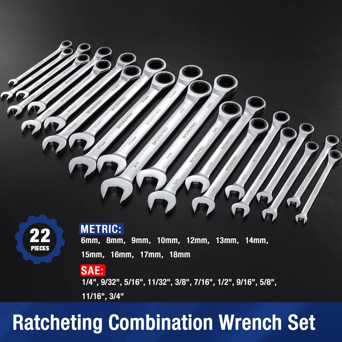 WORKPRO Ratcheting Wrench Set 21pc With Box 72 Teeth