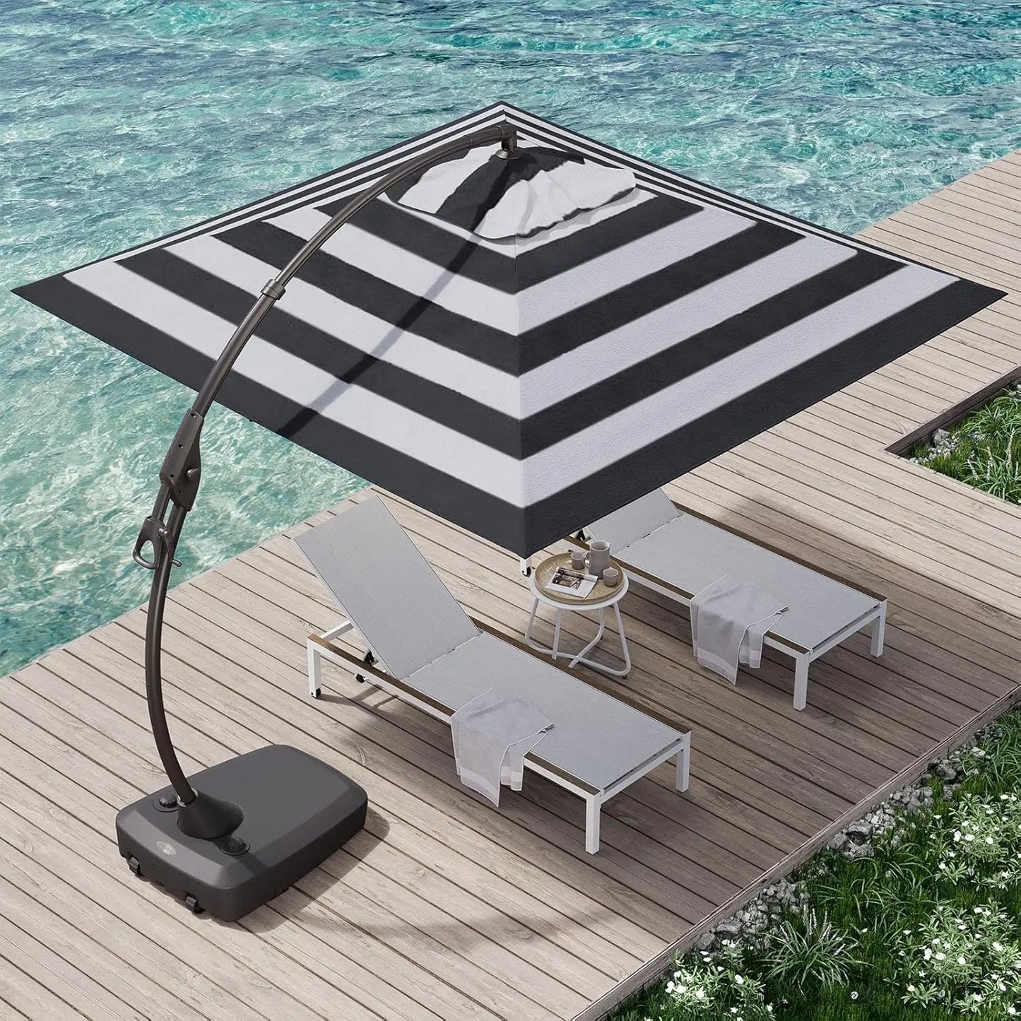 10x10 FT Patio Offset Umbrella, Large Square Aluminum Cantilever Umbrella Base Included for Deck Porch