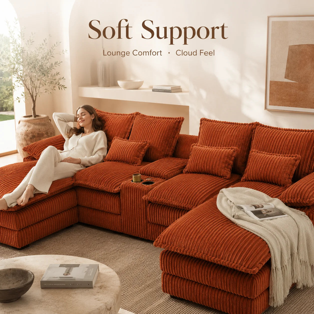 120" 5-Piece U-Shaped Sofa, Modular Sectional with Console & USB Ports, Cloud-Like Corduroy Couch for Living Room or Office