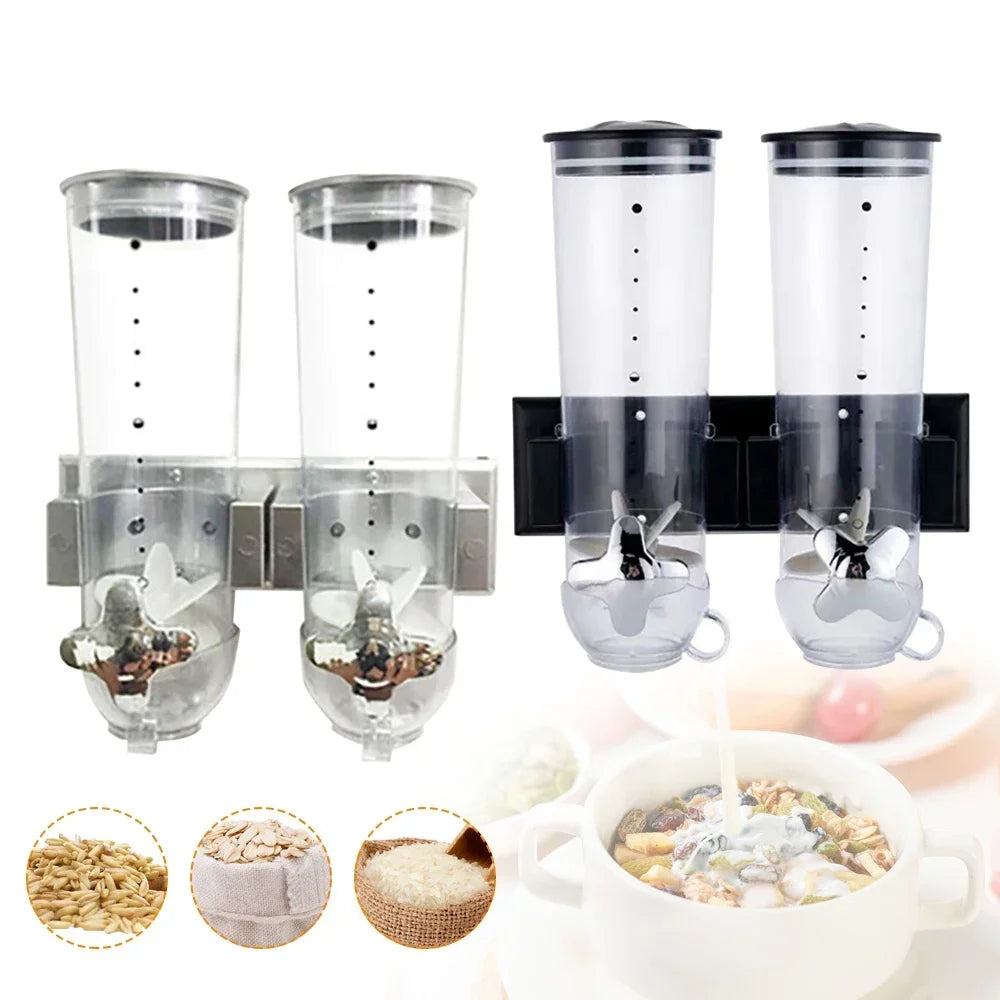 Dual Control Food Dispensers Wall Mount Double Dry Cereal Dispenser for Cereal Nuts Coffee Beans Mix Convenient Storage