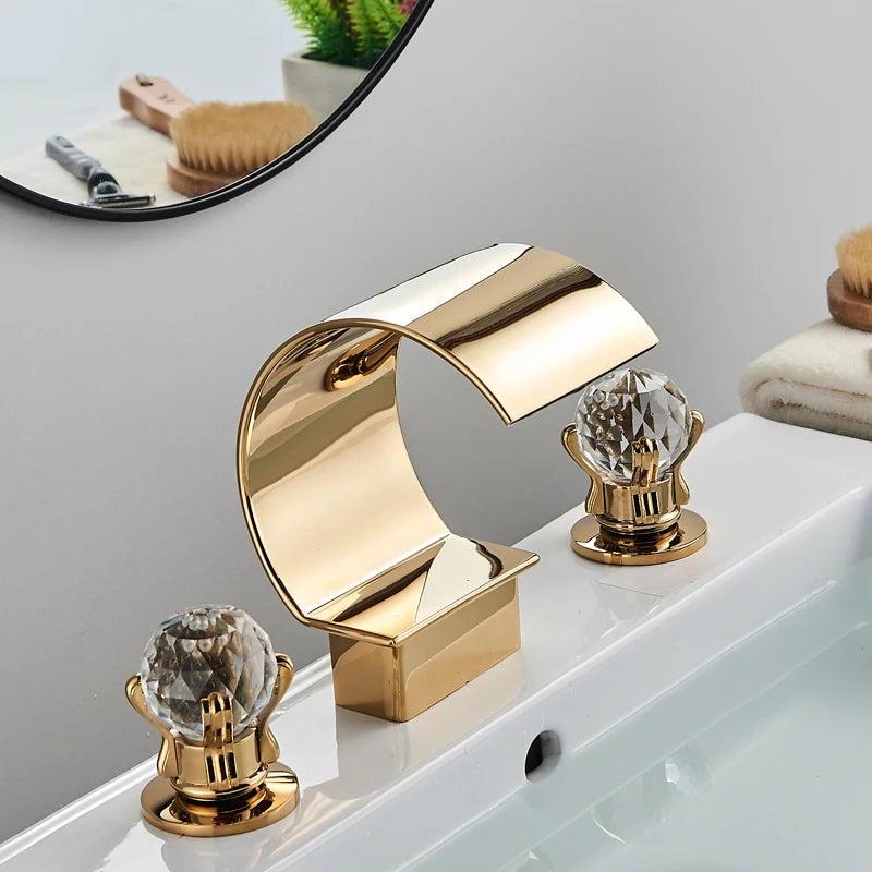 Shinesia Luxury Golden Bathroom Basin Faucet for Vessel Sink Crane Waterfall Hot and Cold Water Mixer Tap Dual Cristal Handle