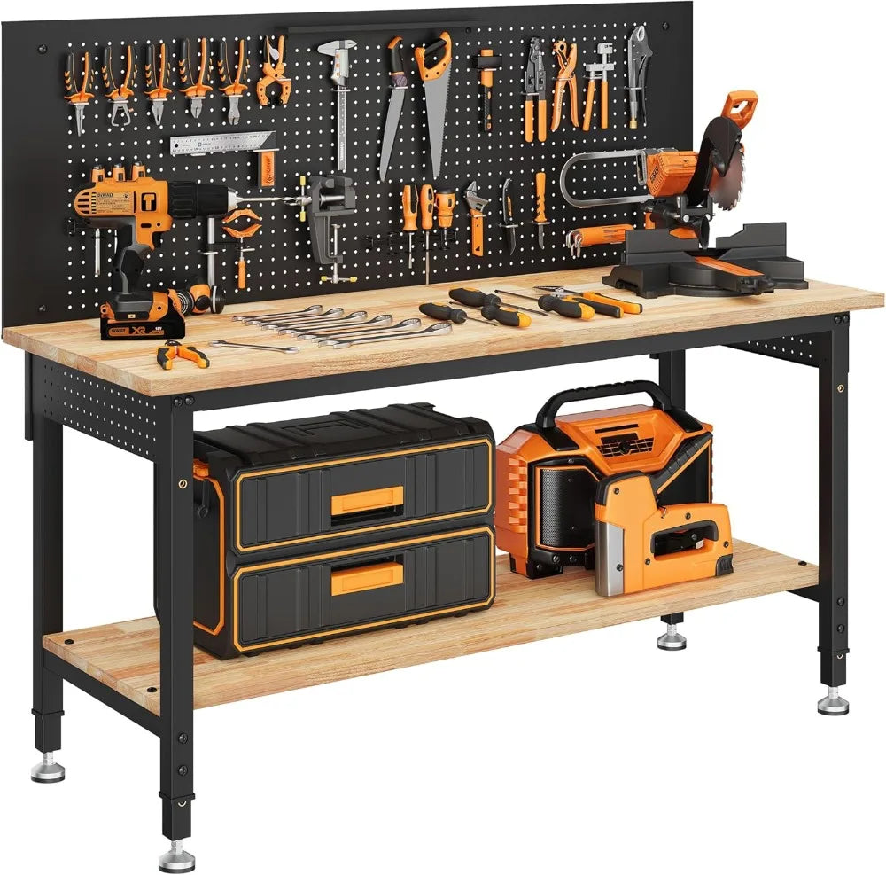 60" Adjustable Workbench with Storage Shelf, LED Light & Power Strip - 2000LBS Capacity