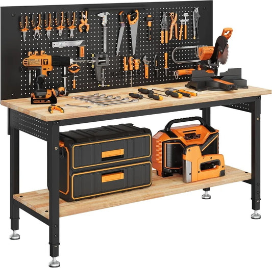 60" Adjustable Workbench with Storage Shelf, LED Light & Power Strip - 2000LBS Capacity