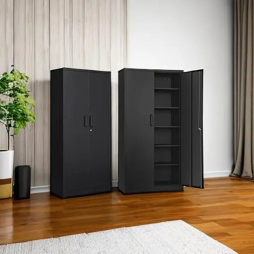 Metal Storage Cabinet with 2 Doors and 6 Shelves Black Metal Cabinet with Lock 71 Lockable Garage Storage Cabinets Locking