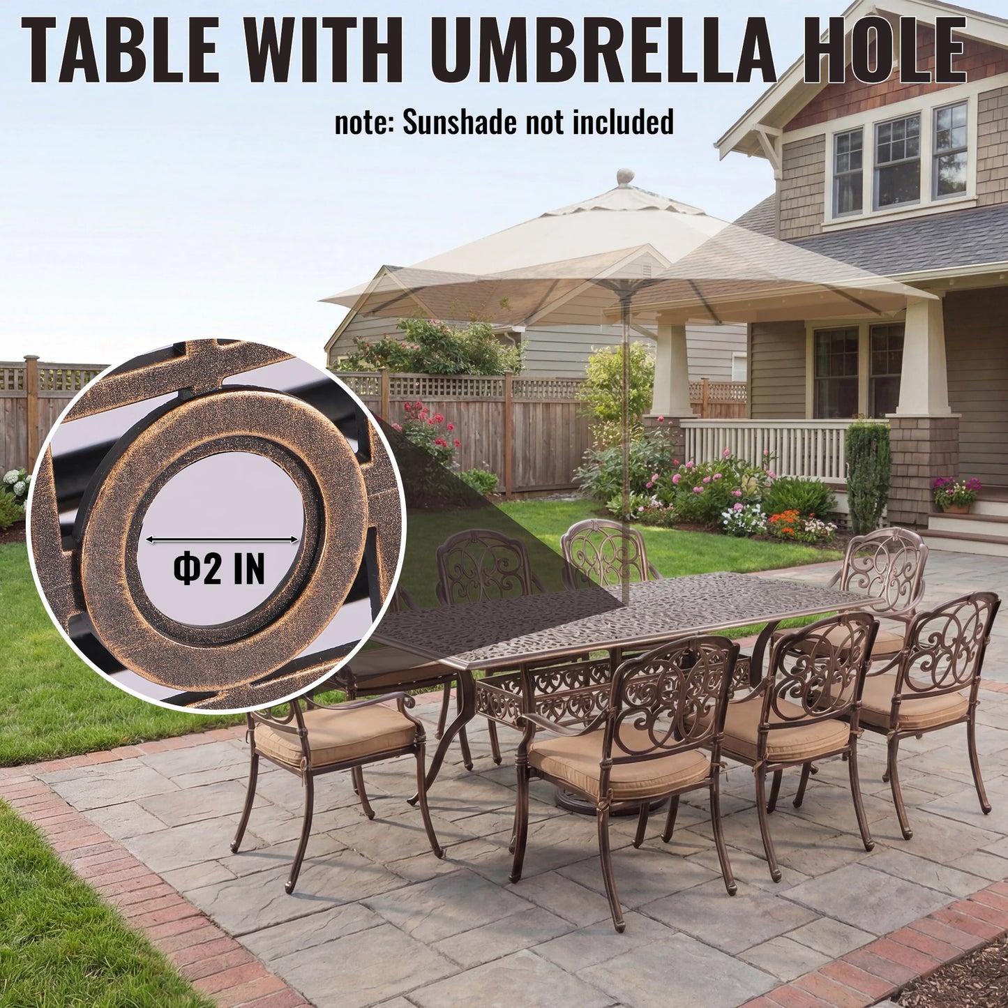 9-Piece Outdoor Patio Dining Set for 8 with Umbrella Hole, 86.6" Oval Cast Aluminum All-Weather Outdoor Table and Chairs with Cu