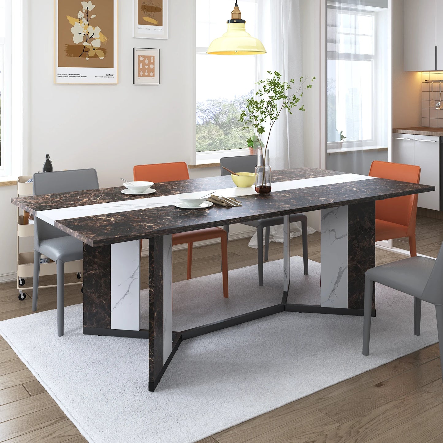 QiaoShiRen Modern Rectangular Wooden Dining Table With Metal Legs
