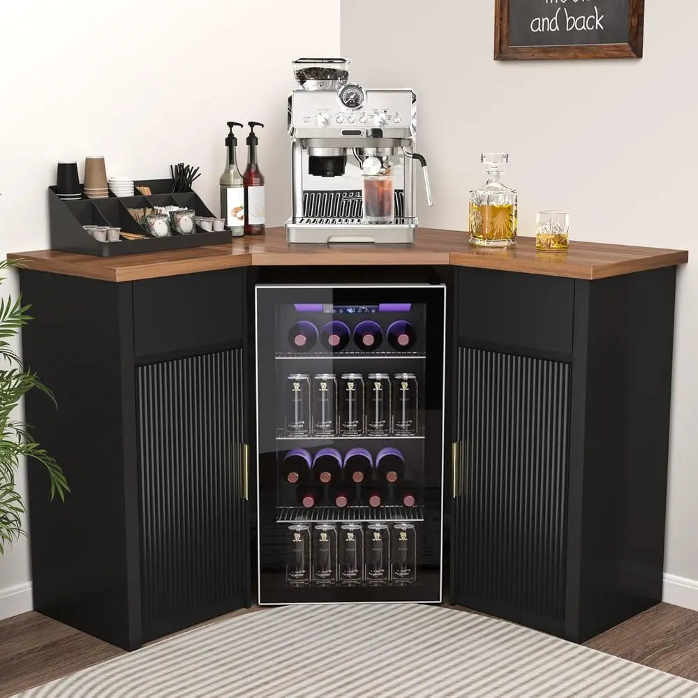 Bar Cabinet with ridge Space, Coee Bar Station with Storage, L Shaped Liquor Wine Cabinet or Home