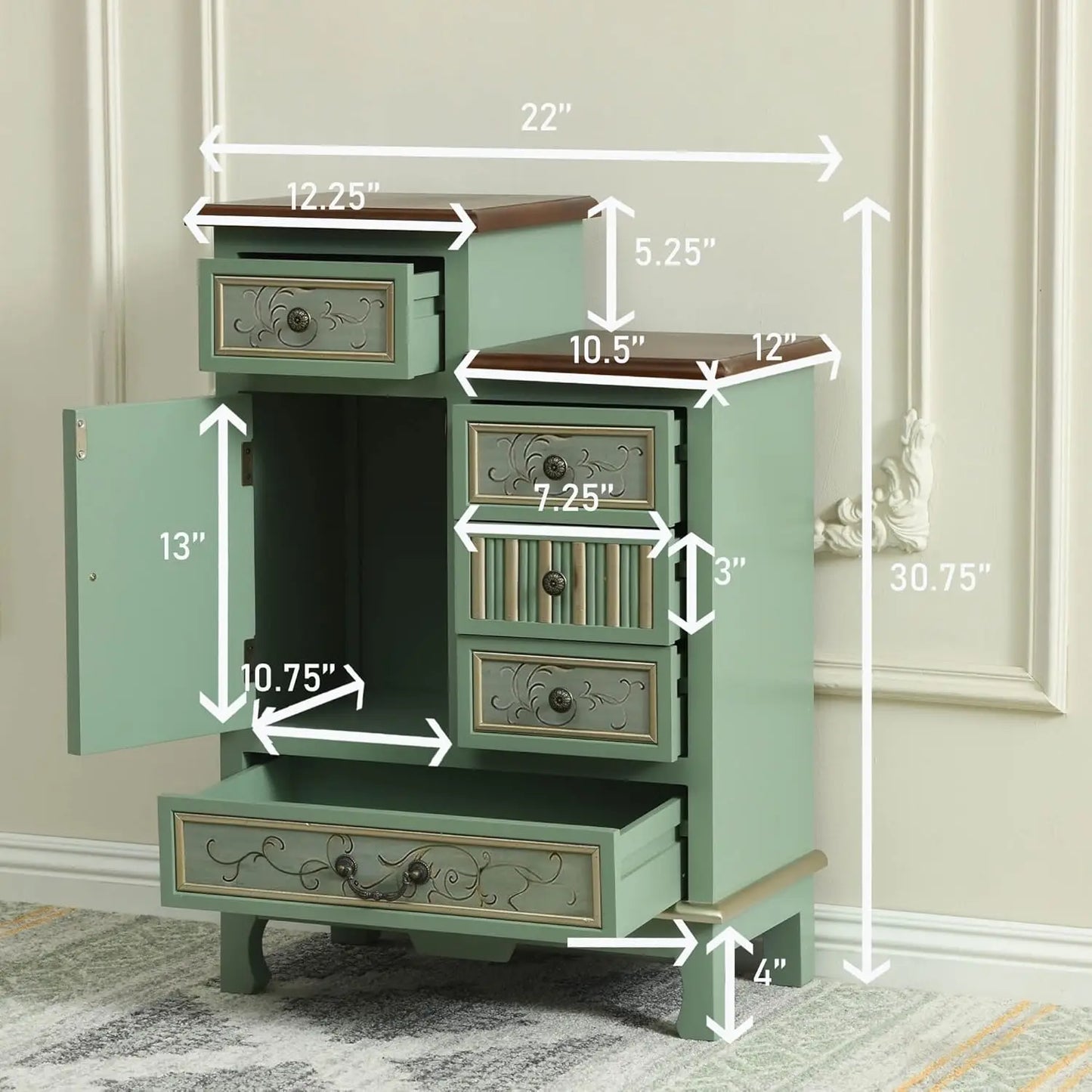 Vintage Accent Chest with 5-Drawers and Door Carved Wood Storage Cabinet for Living Room, Entryway, Hallway, Sage Green