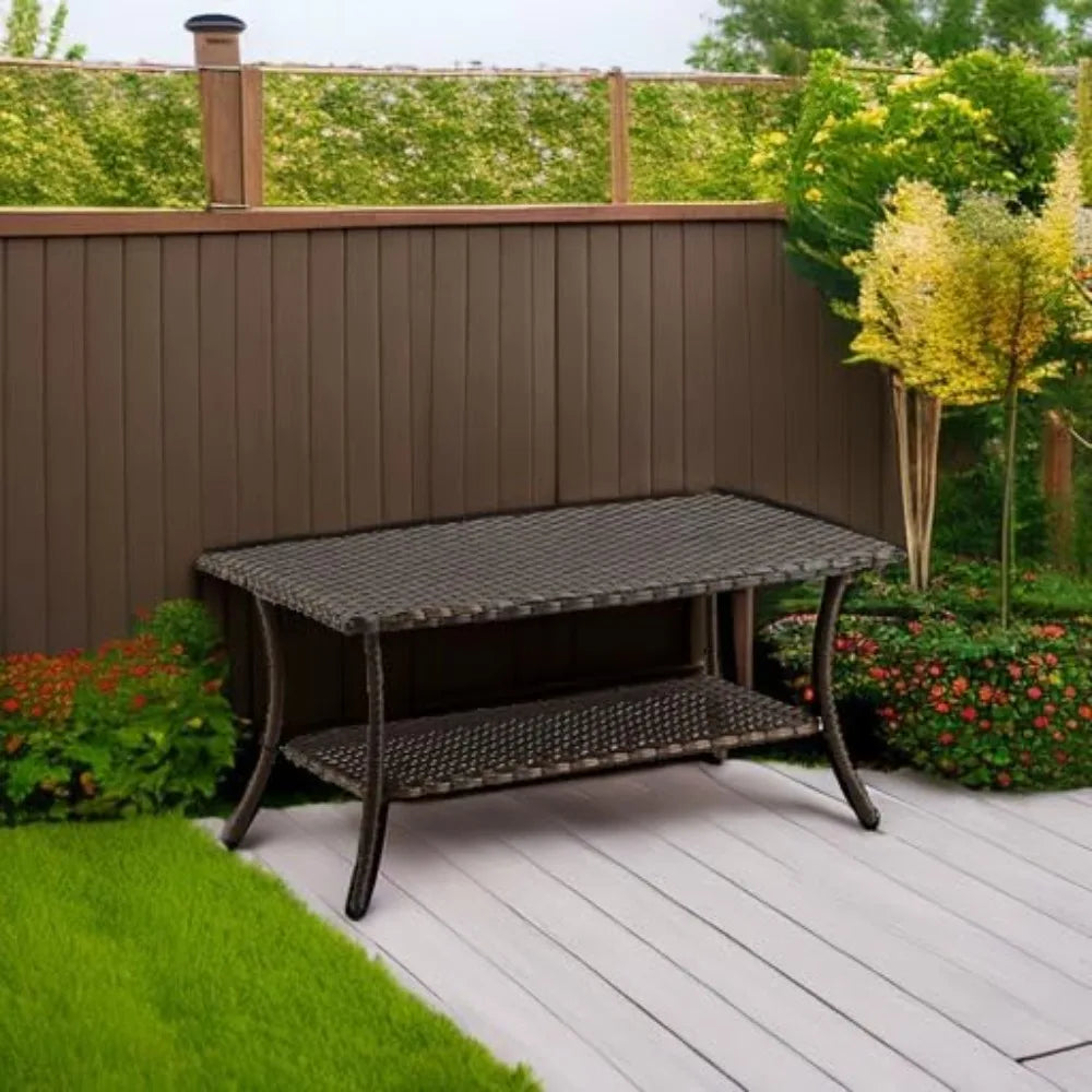 Rattan Outdoor Coffee Table With 2-Layer Storage Durable PE Wicker