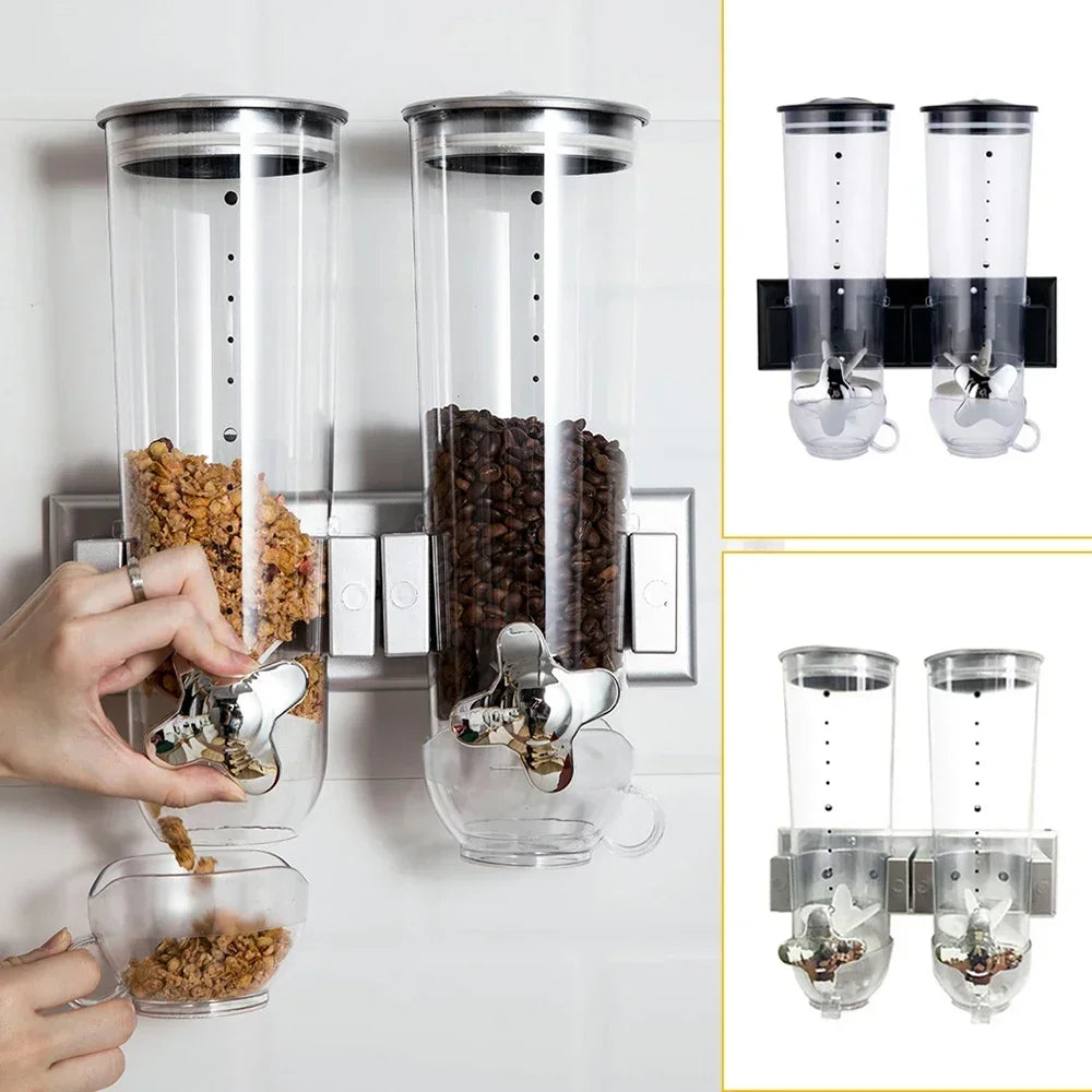 Dual Control Food Dispensers Wall Mount Double Dry Cereal Dispenser for Cereal Nuts Coffee Beans Mix Convenient Storage