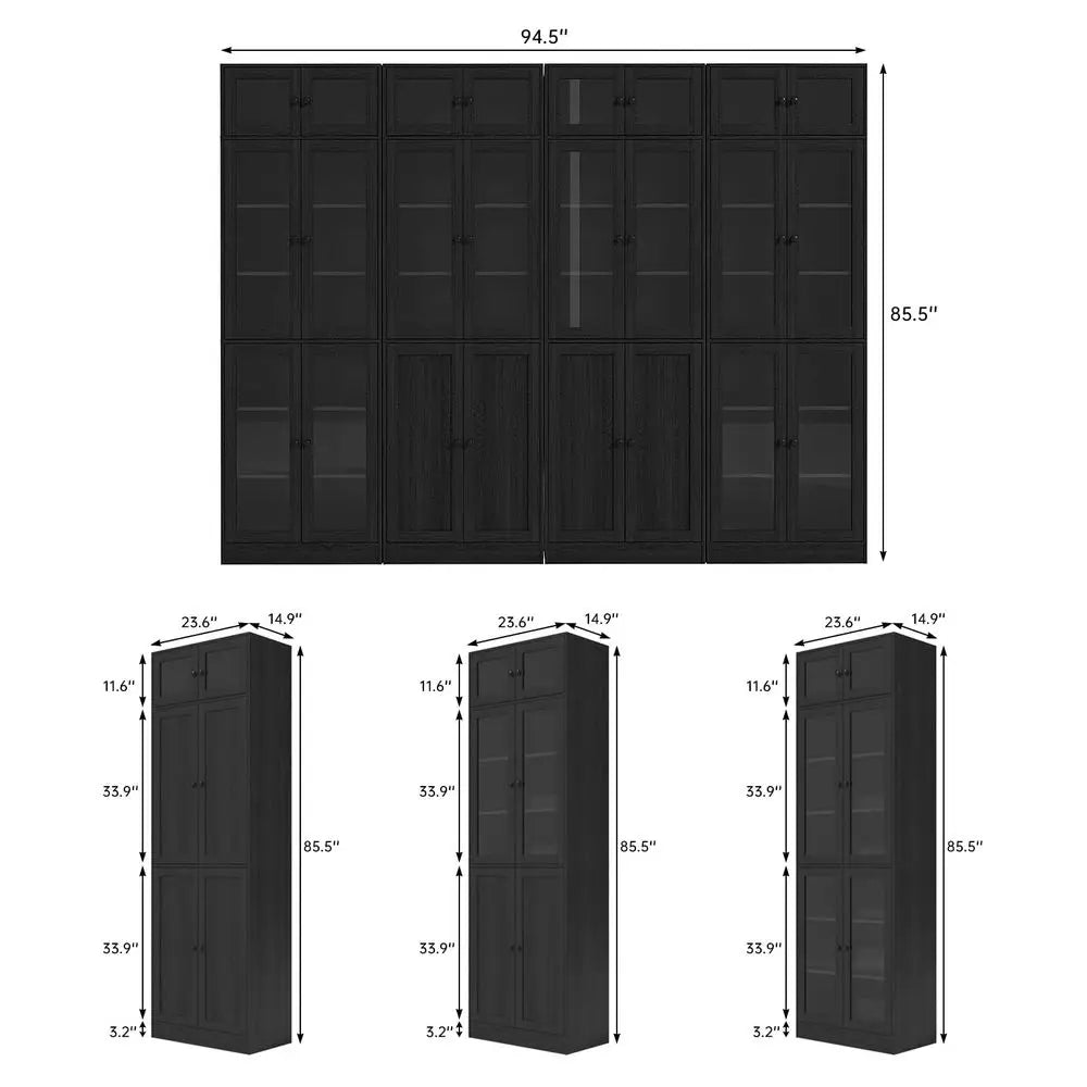 85.5 Tall Wooden Bookshelf, 7 Tier Book Shelf with Glass Doors and Shelves, DIY Large Bookcase, Curio Cabinets with Storage, Mo