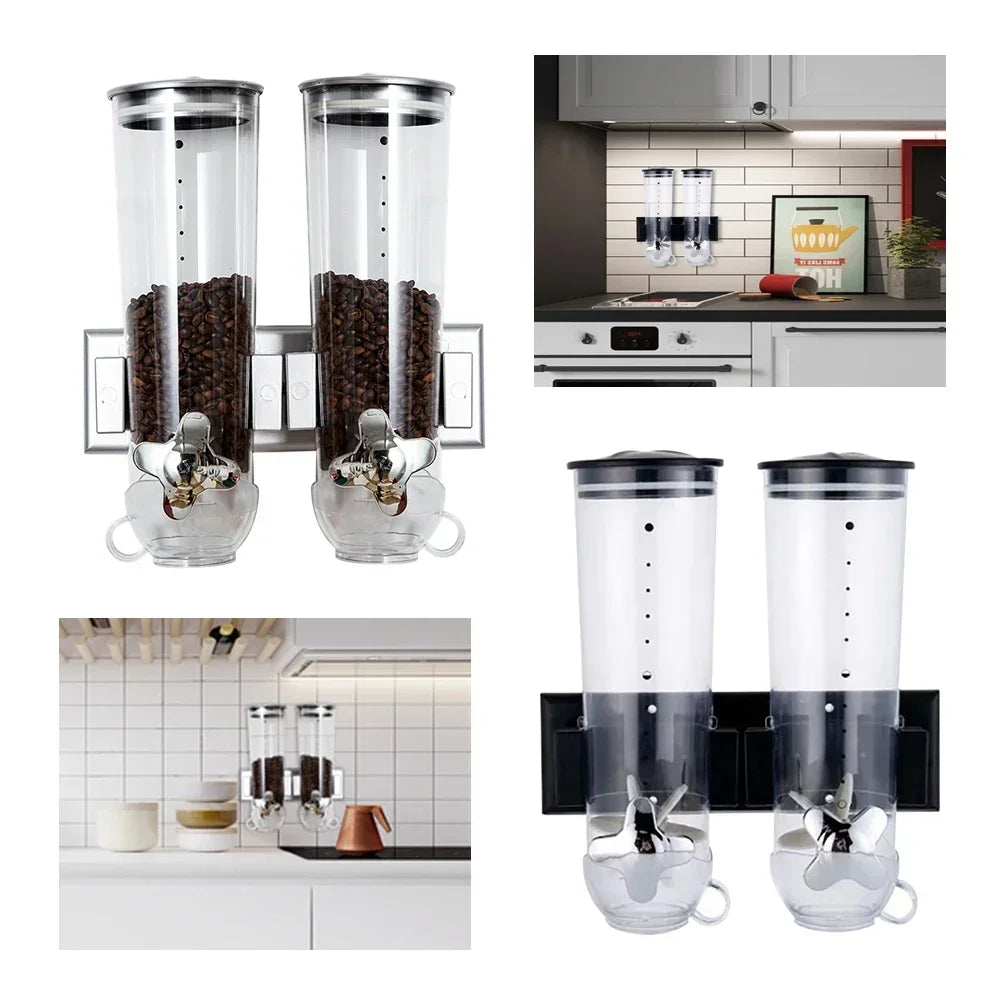 Dual Control Food Dispensers Wall Mount Double Dry Cereal Dispenser for Cereal Nuts Coffee Beans Mix Convenient Storage
