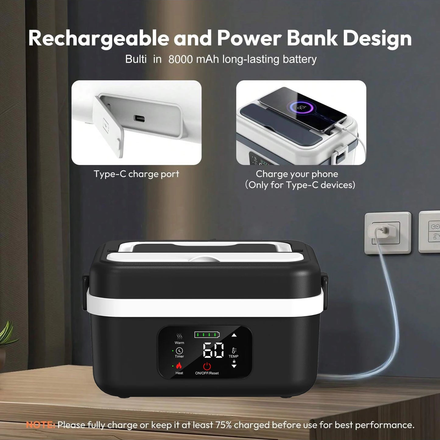 Wireless Insulated Lunch Box With Built-In 8000mAh Battery