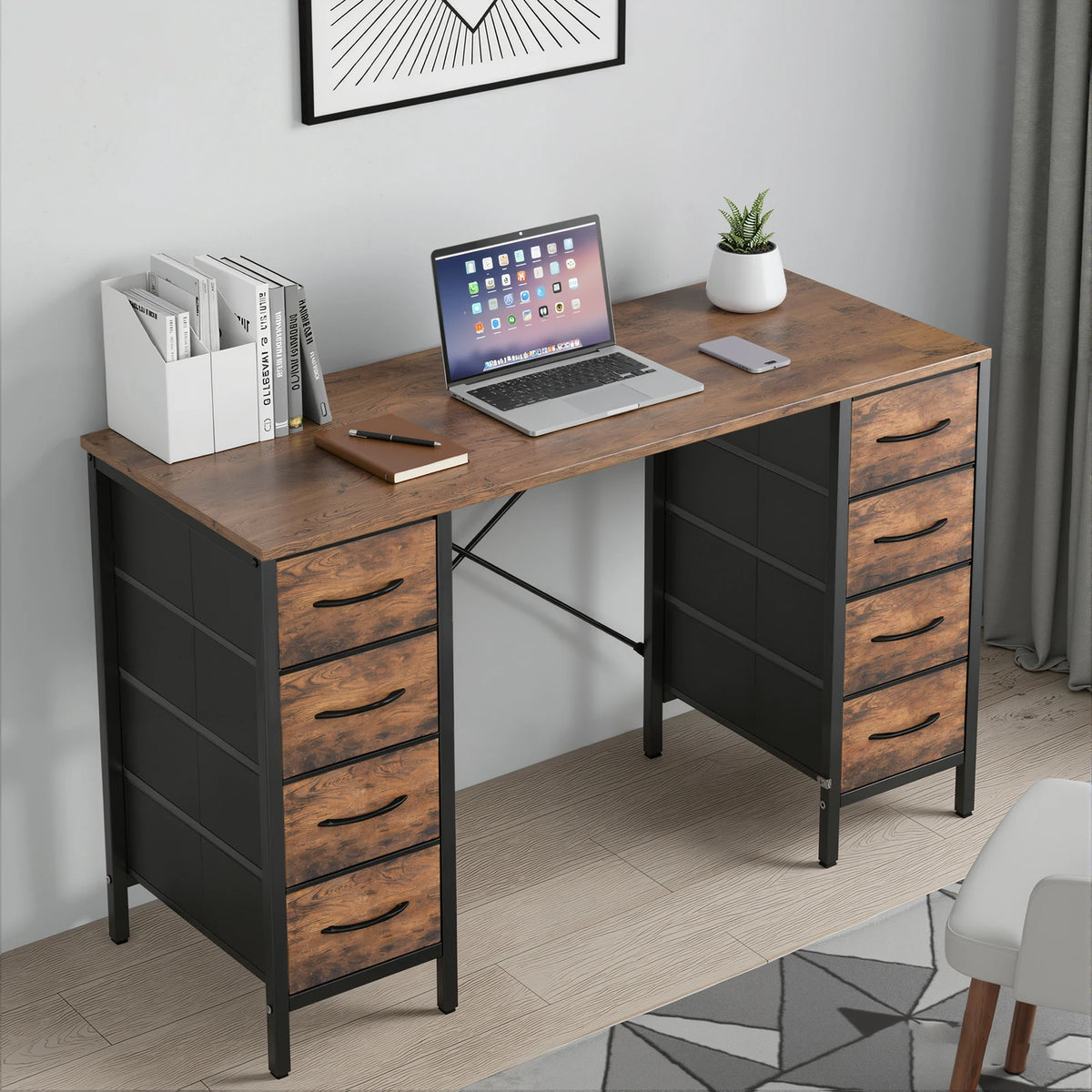 JHK Computer Desk With Eight Fabric Drawers And Reinforced Frame