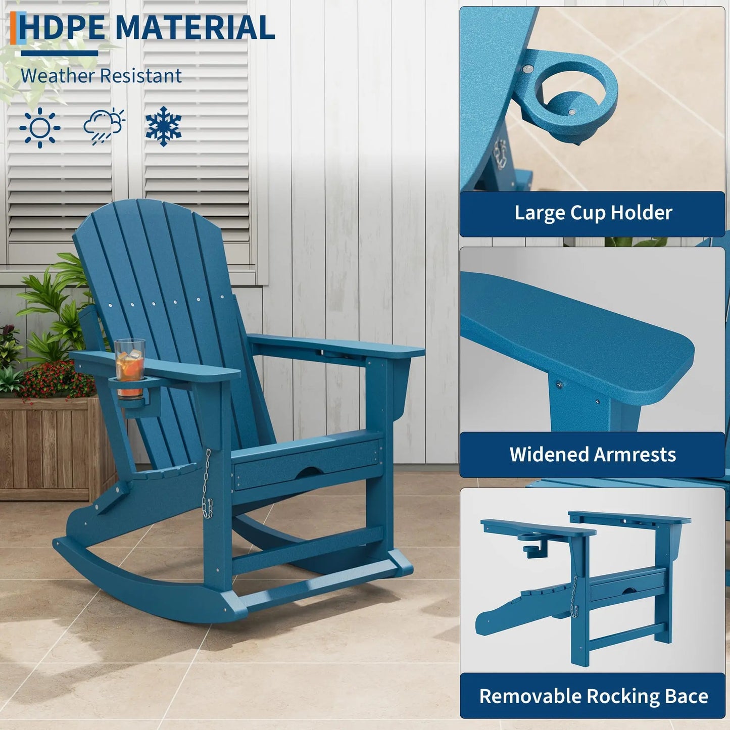 4-In-1 Adirondack Rocking Chair, HDPE All-Weather Folding Rocker With Retractable Ottoman Cup Holders, Outdoor Porch Patio Chair