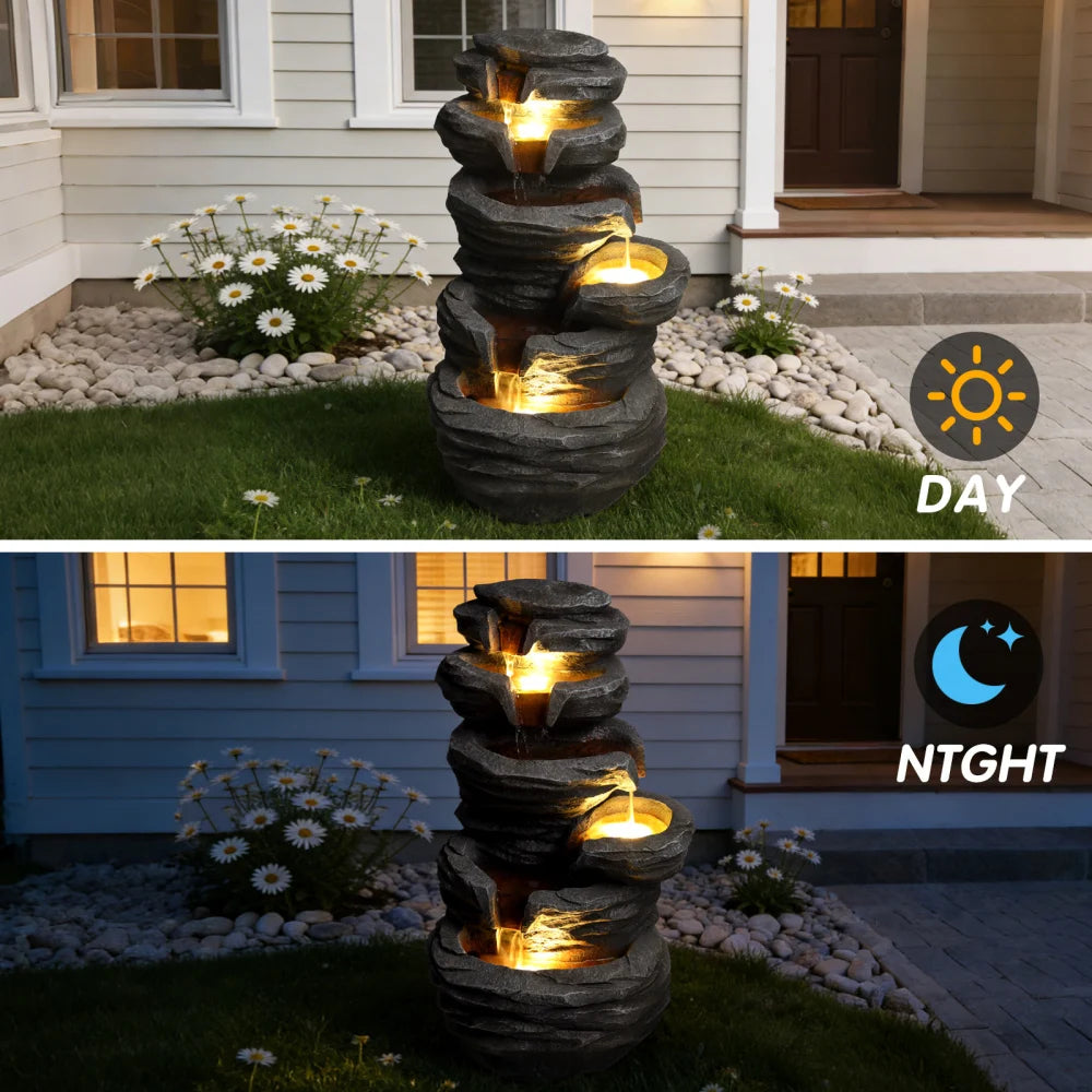 Outdoor Waterfall Fountain with Lights Stacked Rock Cascading Water Feature Resin Garden Decor for Patio Yard Porch Landscape
