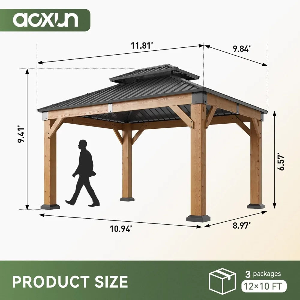 10x12 Outdoor Wooden Gazebo Hardtop Galvanized Steel Double Roof Patio Garden Deck Cedar Natural Custom
