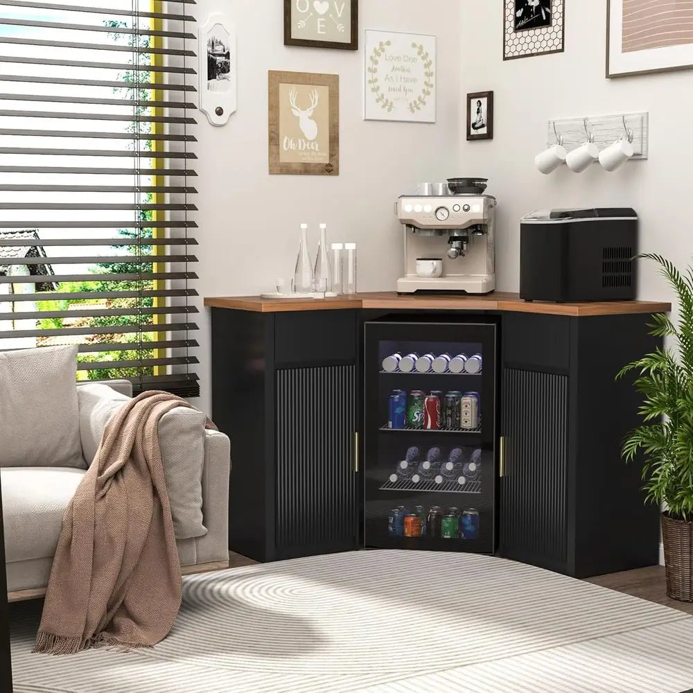 Bar Cabinet with ridge Space, Coee Bar Station with Storage, L Shaped Liquor Wine Cabinet or Home