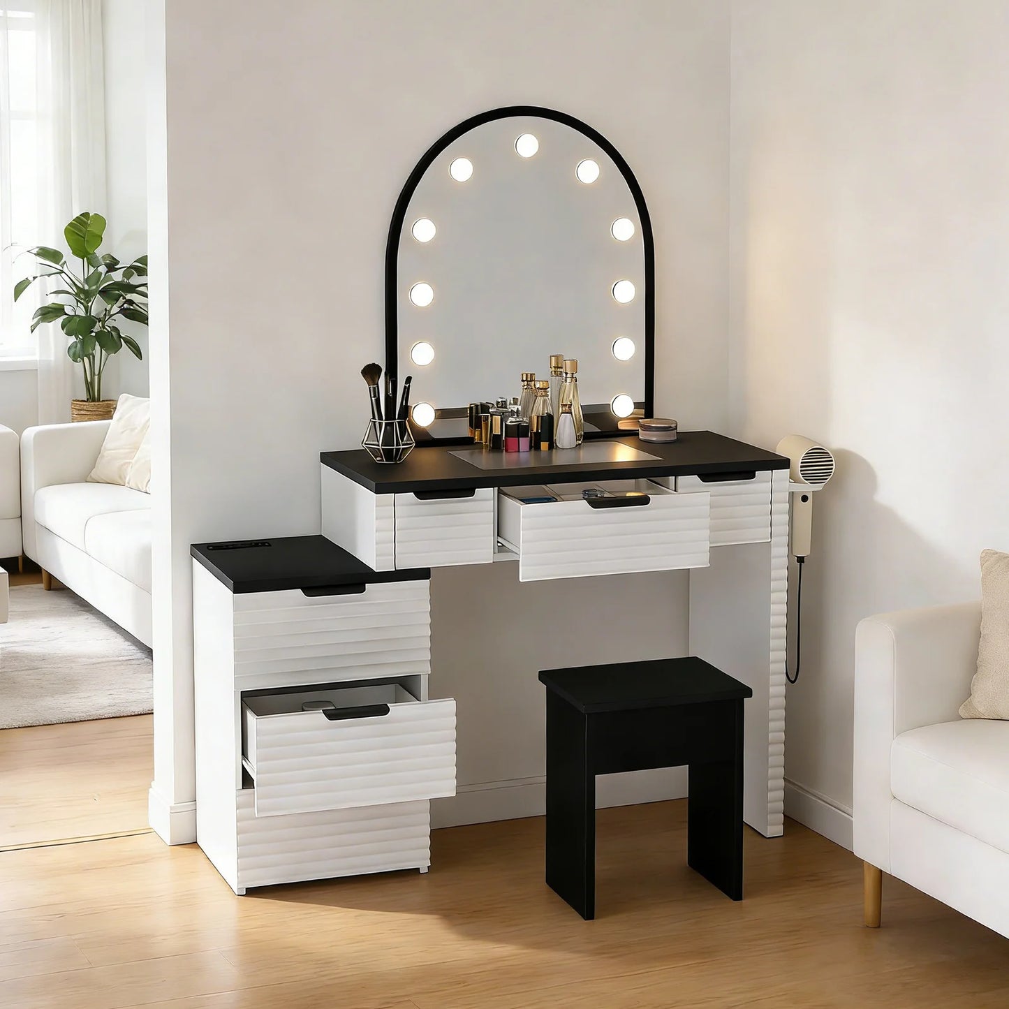 Vanity Desk Chair Set With Mirror Light And Power Outlet
