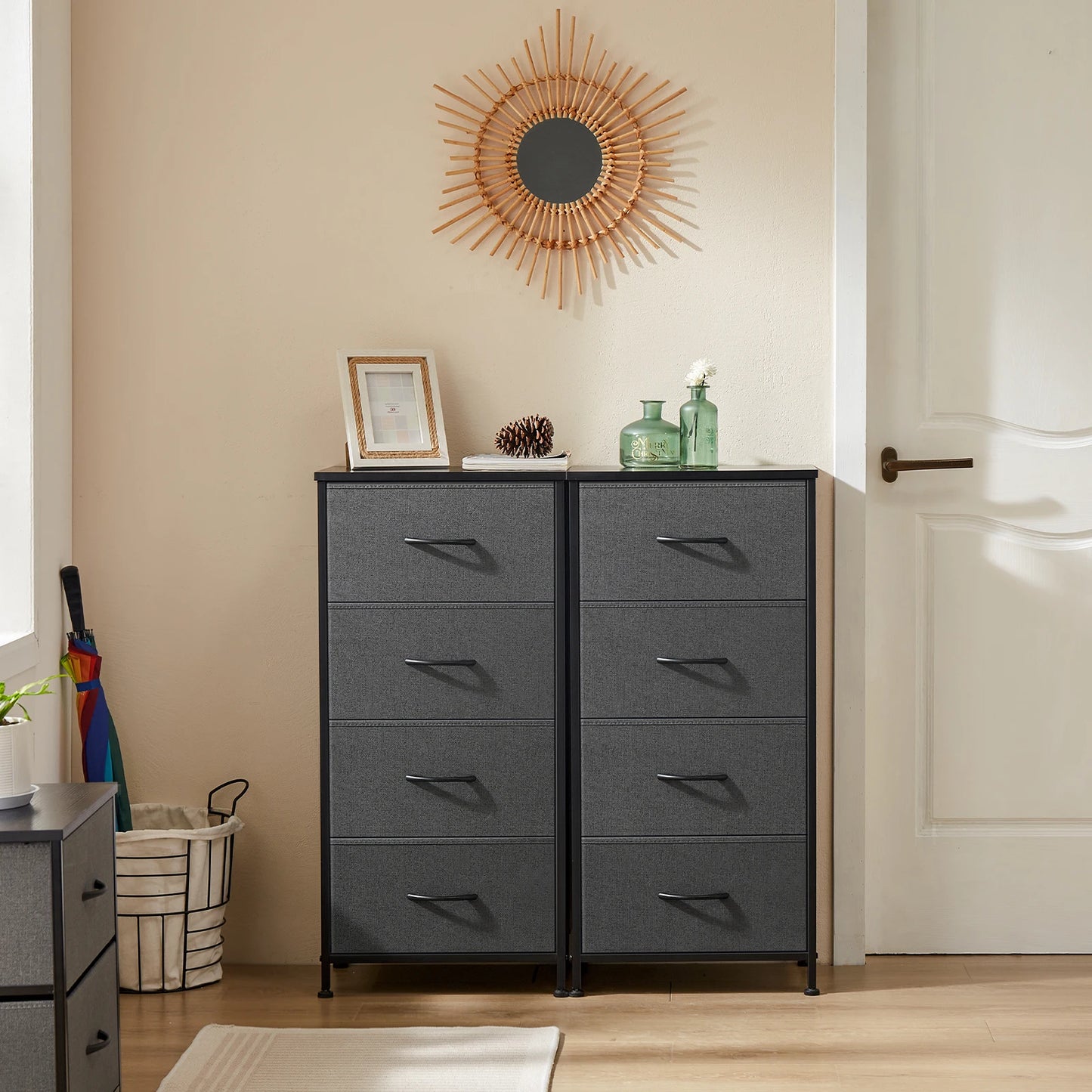 JHK Modern Dresser Nightstand Wardrobe With Four Fabric Drawers