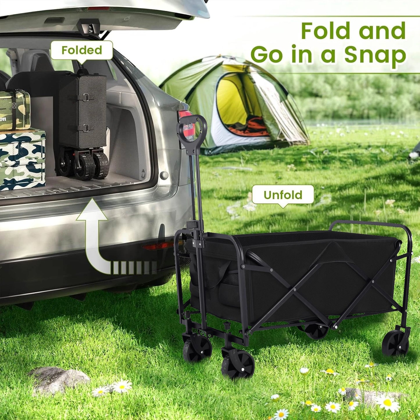 Heavy Duty Folding Wagon Cart With All Terrain Drink Holders