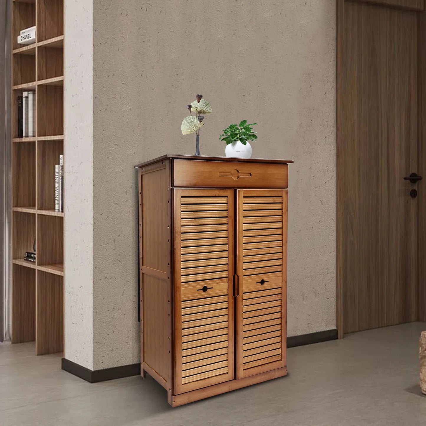 CNCEST 5-Tier Bamboo Shoe Rack with Drawer and Doors