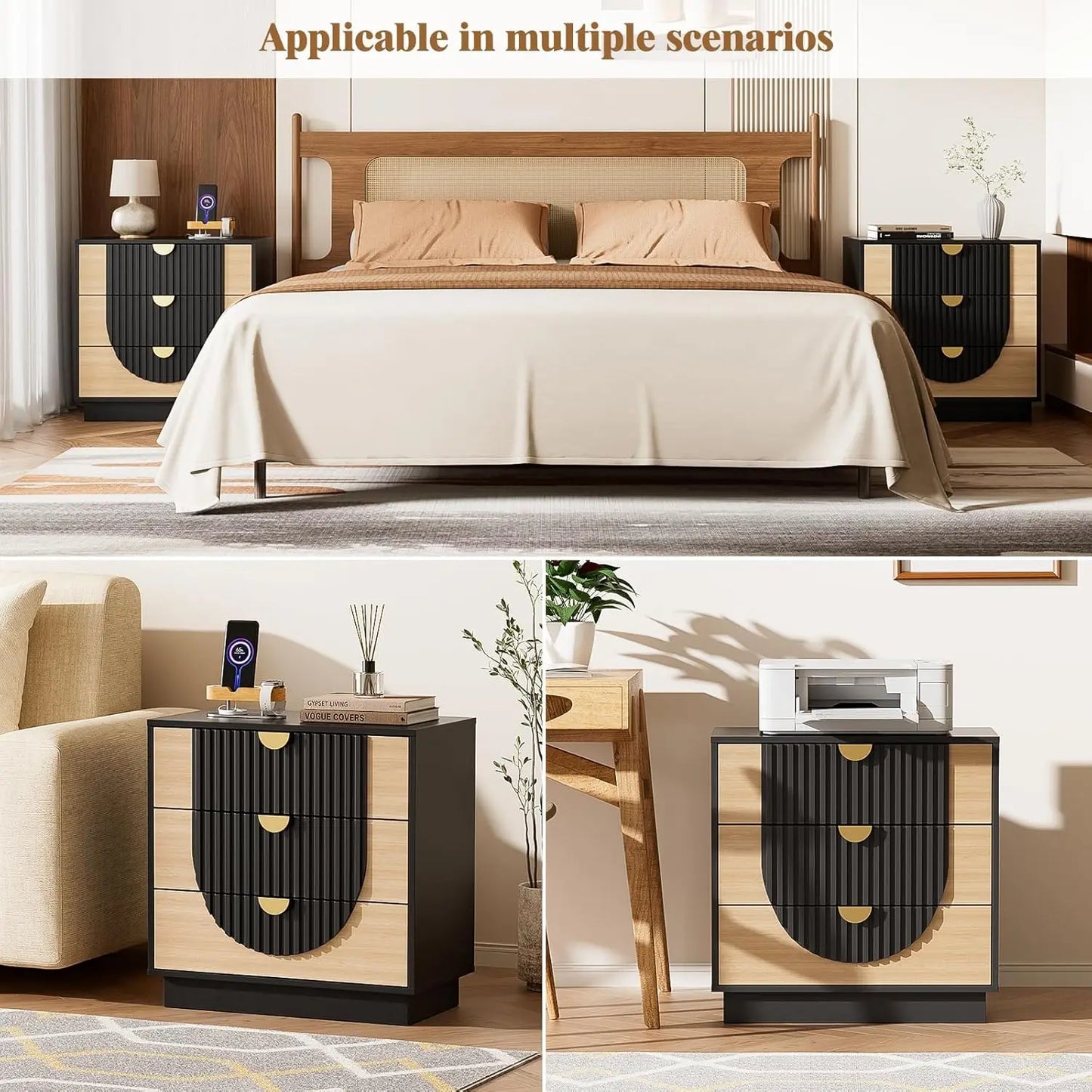 Modern Fluted Wood Nightstand Charging Station Three Drawers Bedside Table