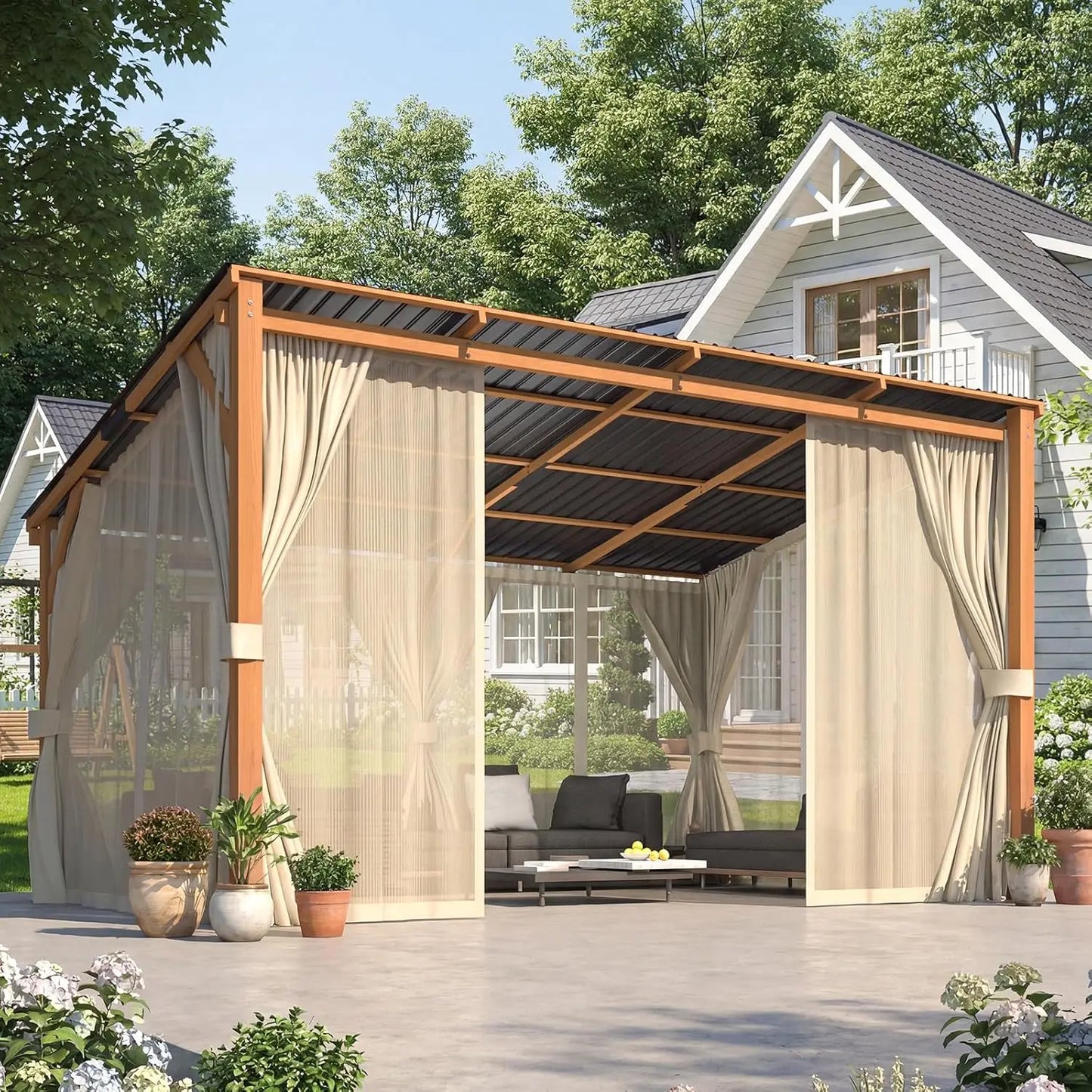 Lean To Hardtop Gazebo Curtains And Netting Wall Outdoor Shelter